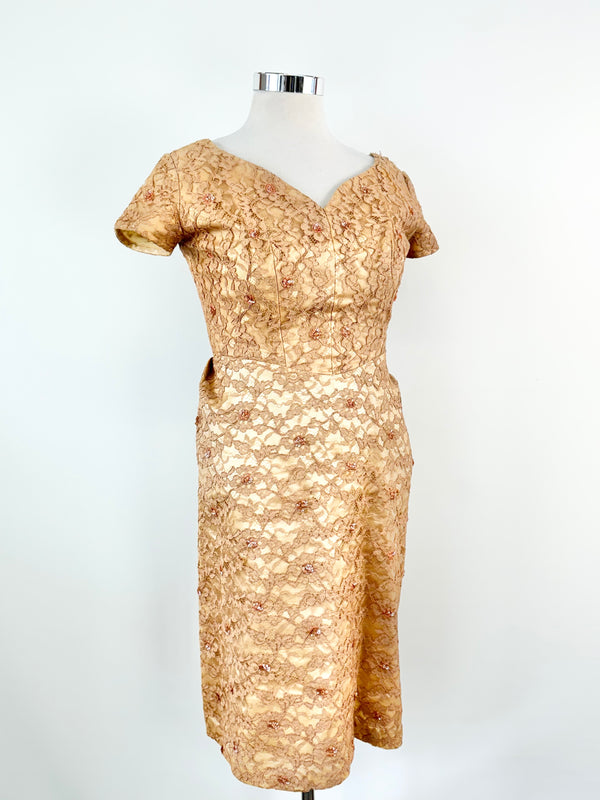 Vintage 50s Normal Original Dusty Peach Chantilly Lace Dress - AU10/12