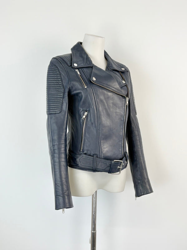 Ena Pelly Navy Blue Biker-Style Leather Jacket - AU6/8