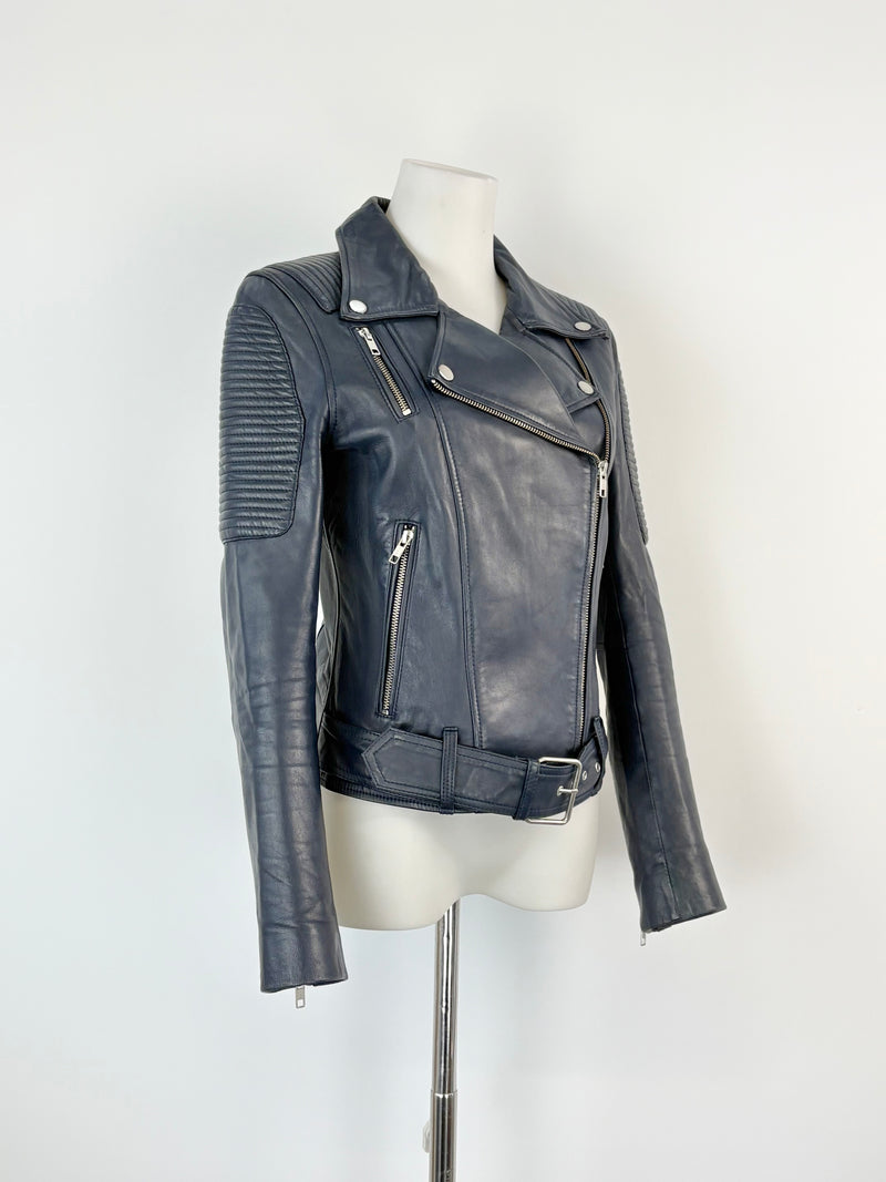 Ena Pelly Navy Blue Biker-Style Leather Jacket - AU6/8