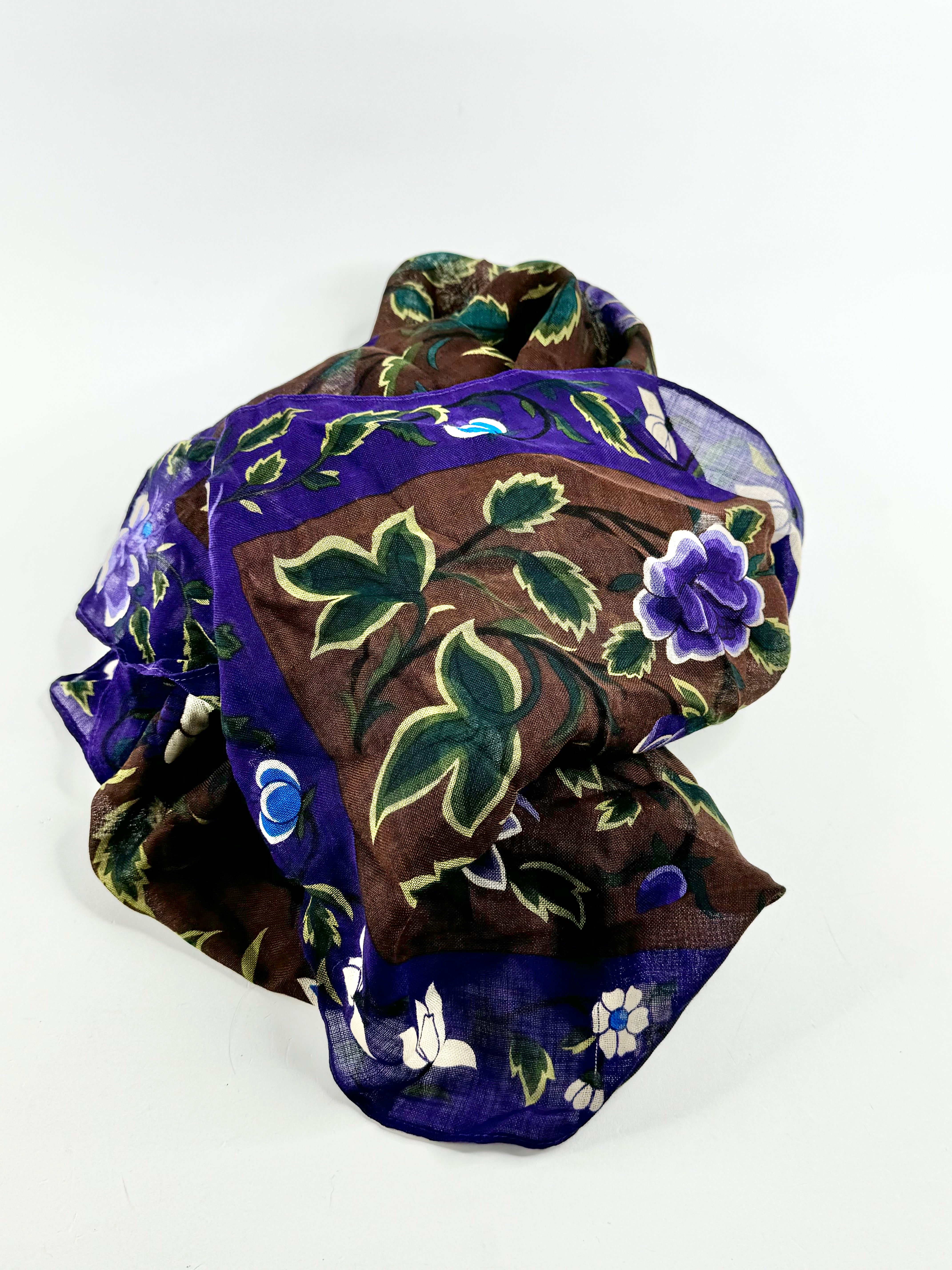 Vintage Kenzo Purple & Brown Retro Floral Pattern Scarf