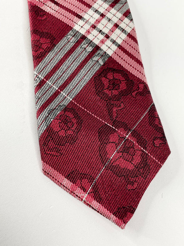 Kenzo Dark Red Plaid with Florals Silk Tie