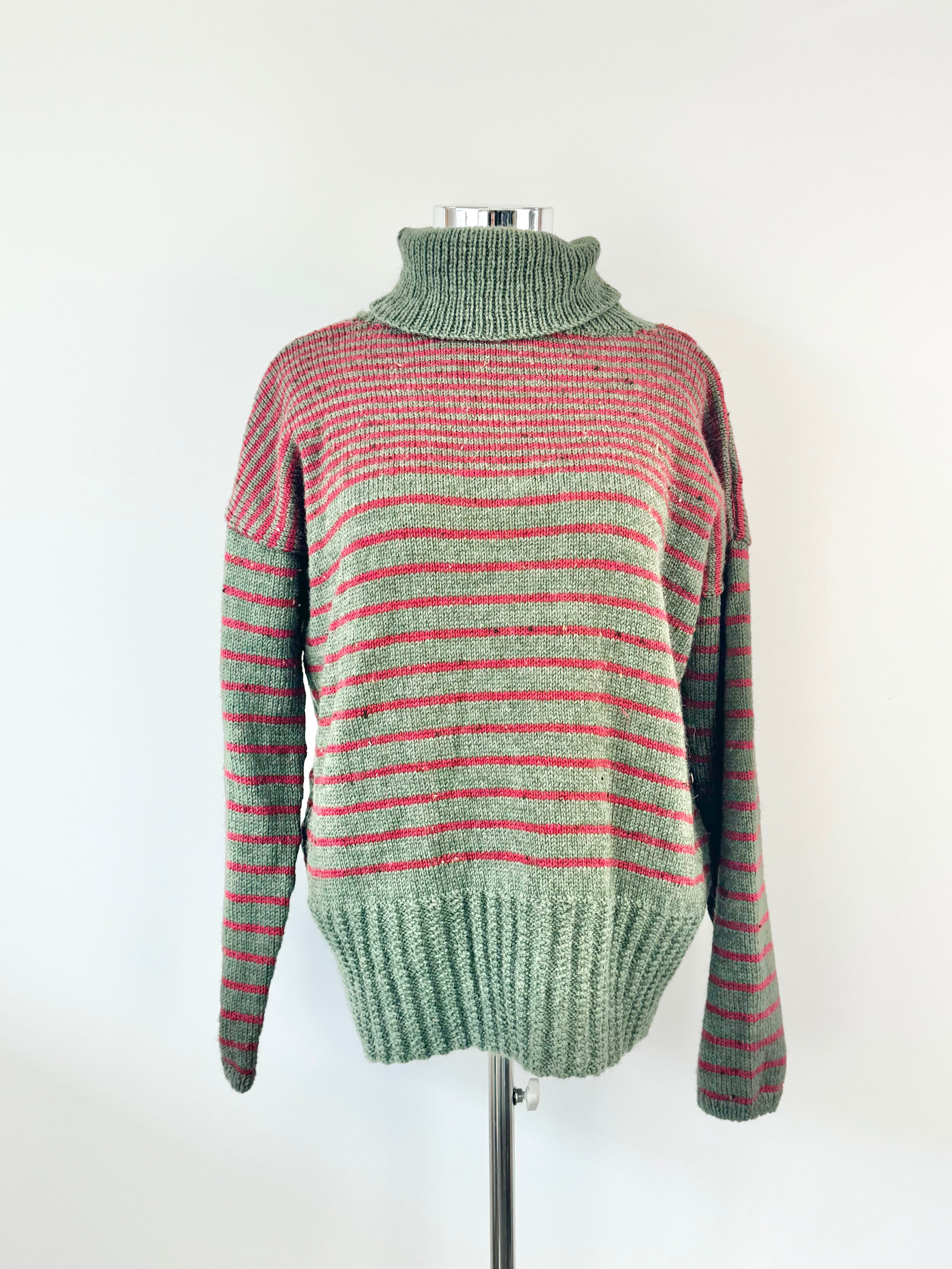 Hand Knit Olive Green & Red Strip Relax Fit Jumper - AU10/12/14