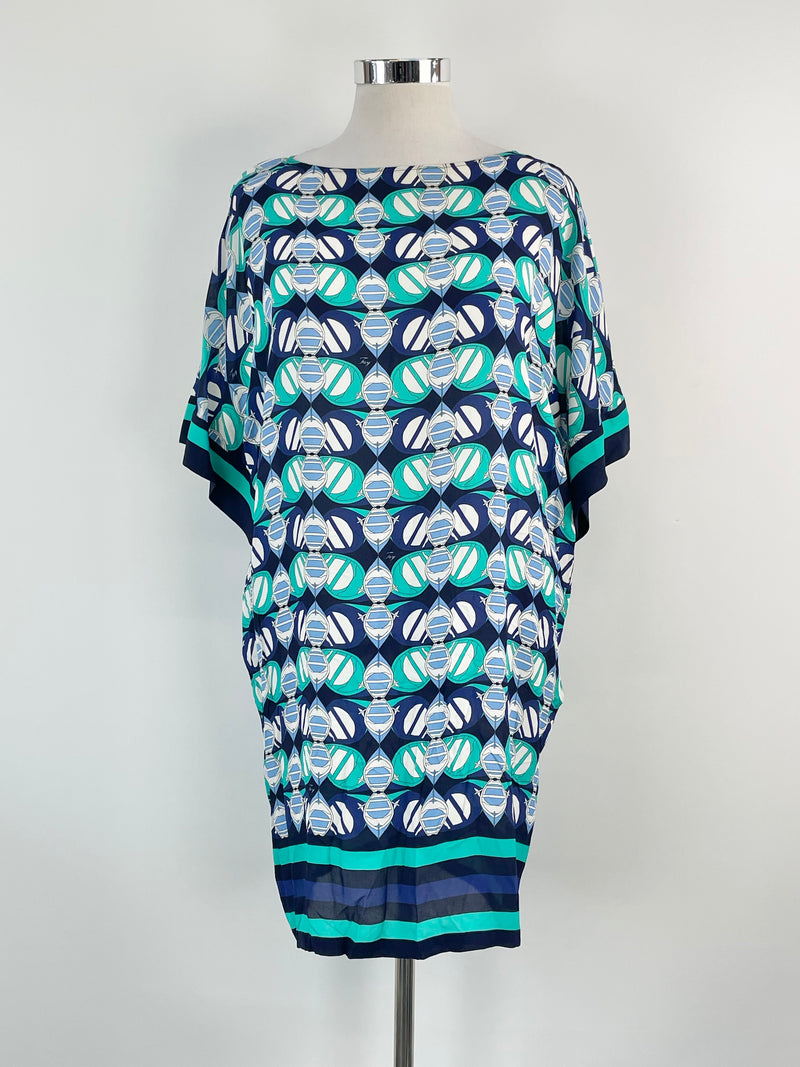 Fay the Label Navy Blue & Turquoise Patterned Sheer Shift Dress - AU10/12