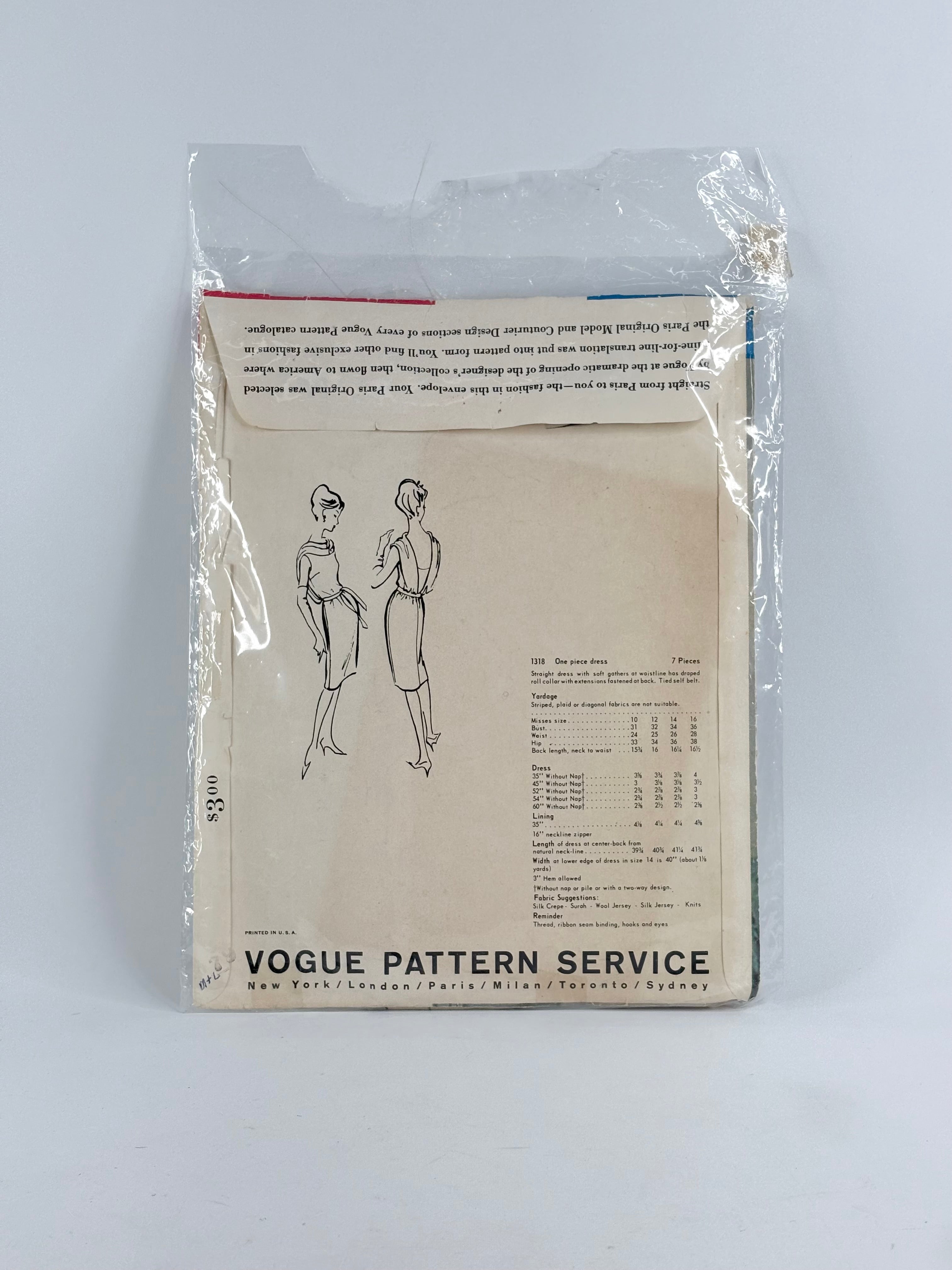 Vogue Paris Original Pierre Cardin Dress: No. 1318 - Size 12