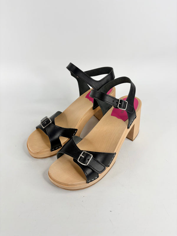 Swedish Hasbeens Black Leather & Wooden Sandals - EU41