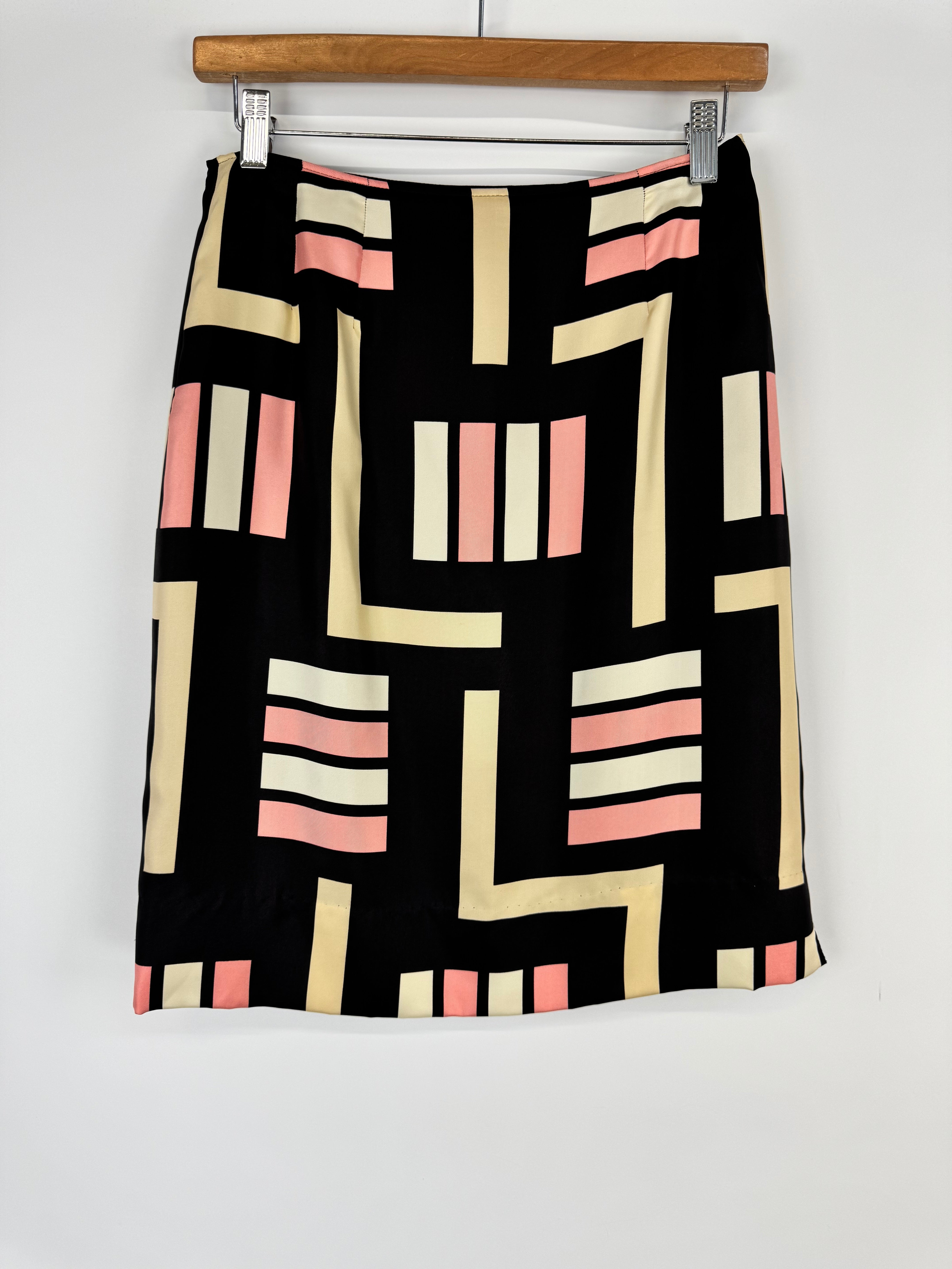 Max Mara Black Silk, Pink & Cream Geometric Pattern Pencil Skirt - AU8