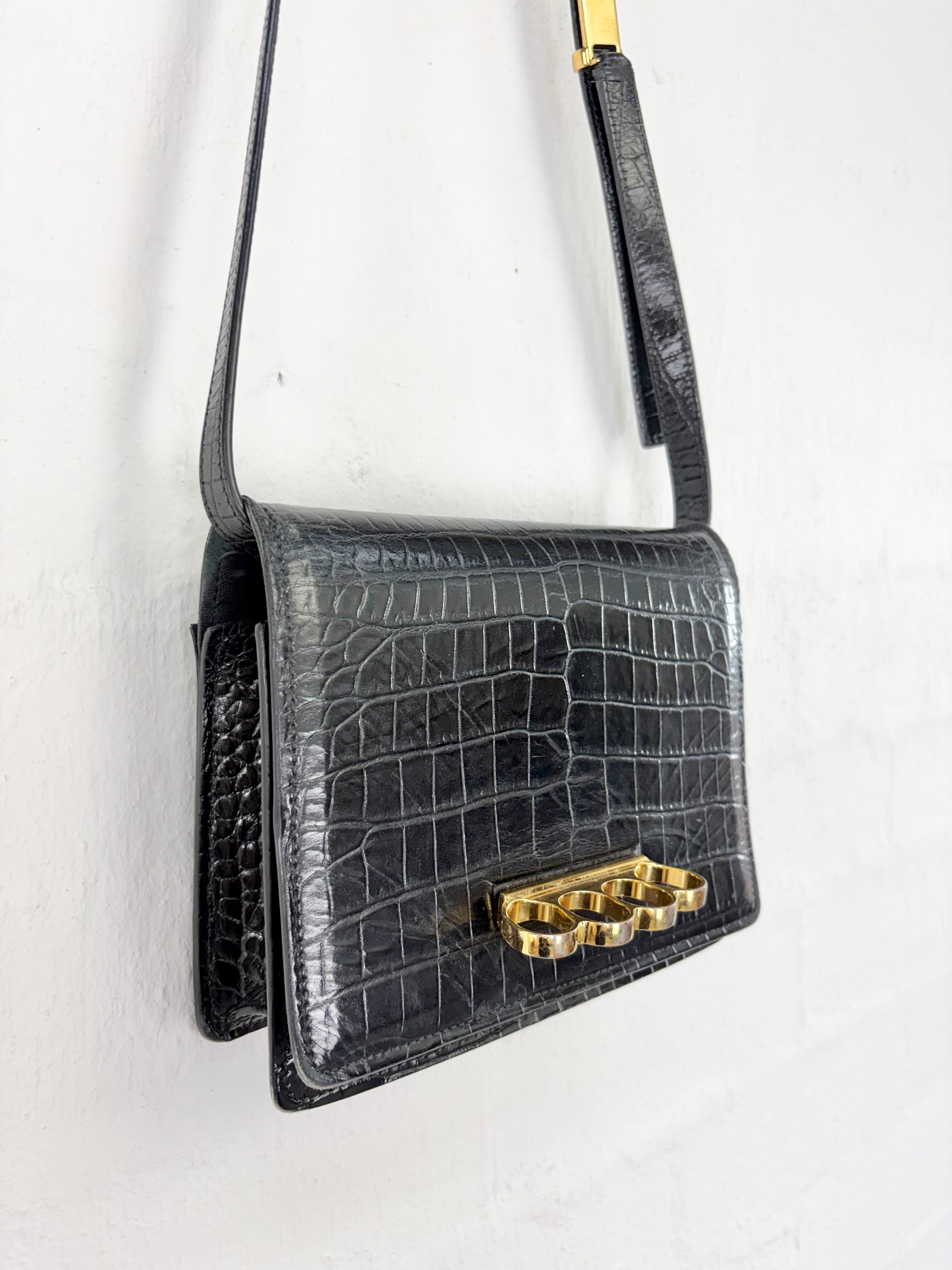 Alexander McQueen Black Croc Embossed 4 Ring Satchel