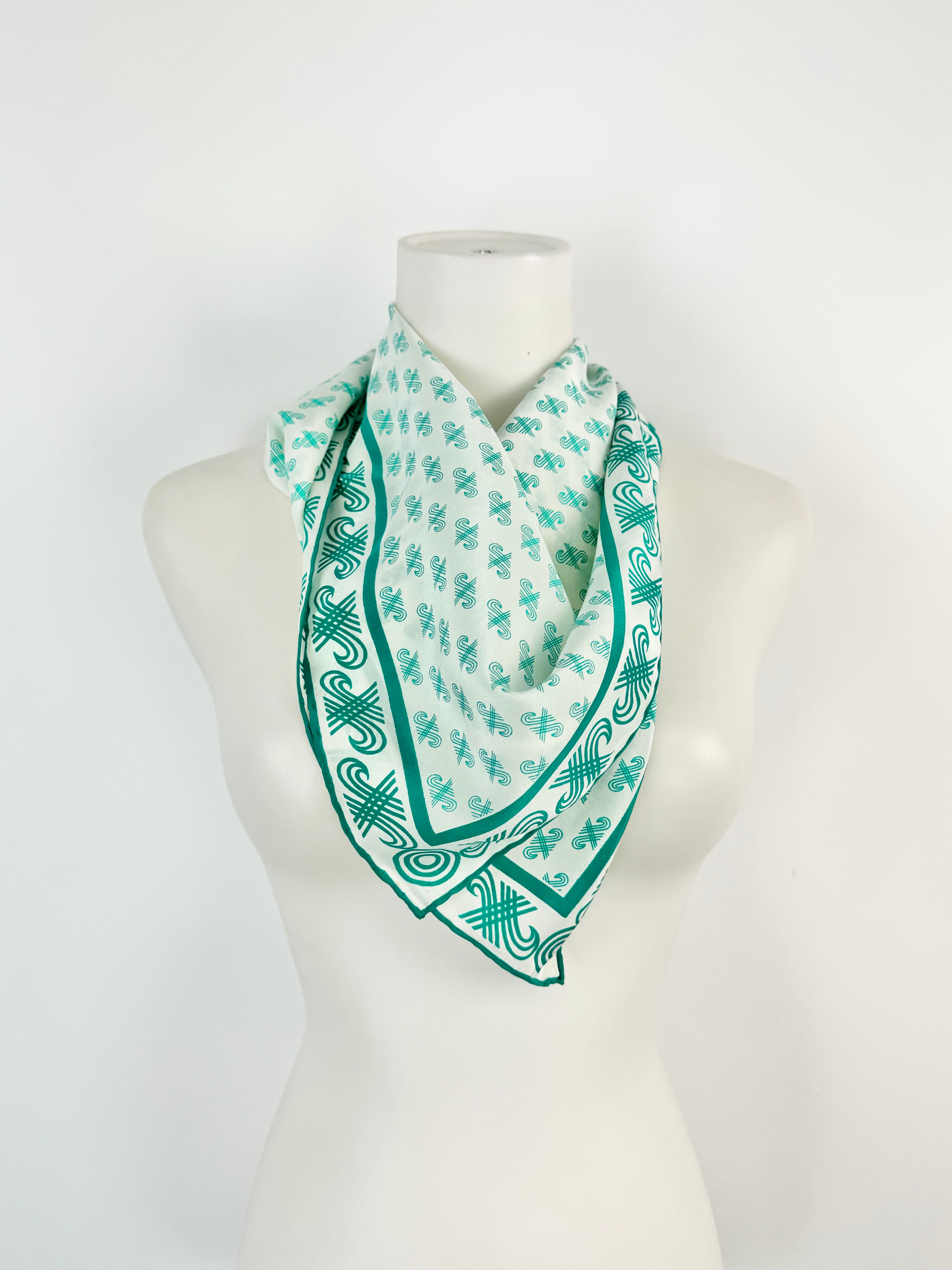 Vintage Jaeger White & Teal Swirled Motif Silk Scarf