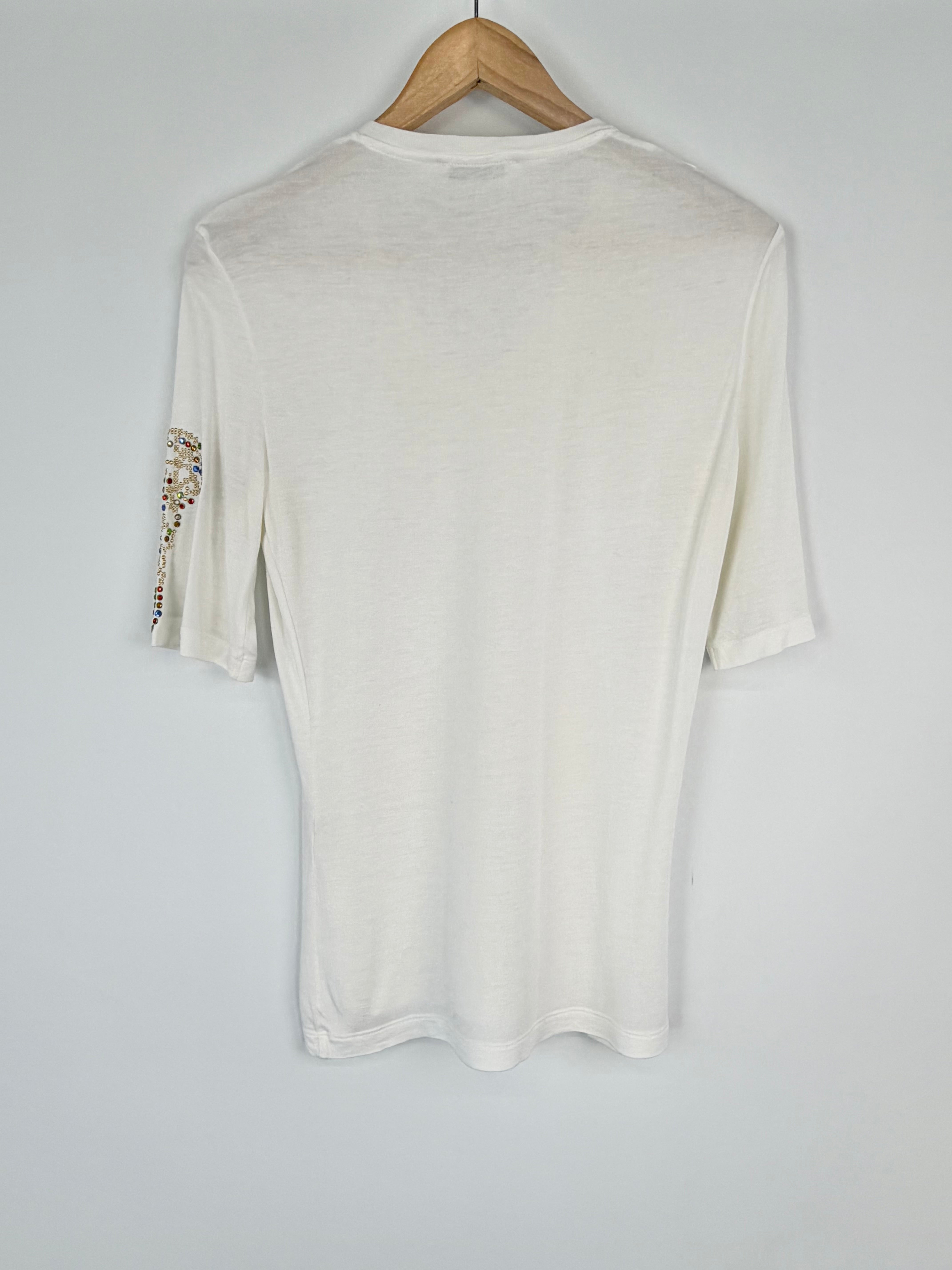 Versace White Rhinestone V-neck T-shirt - 42