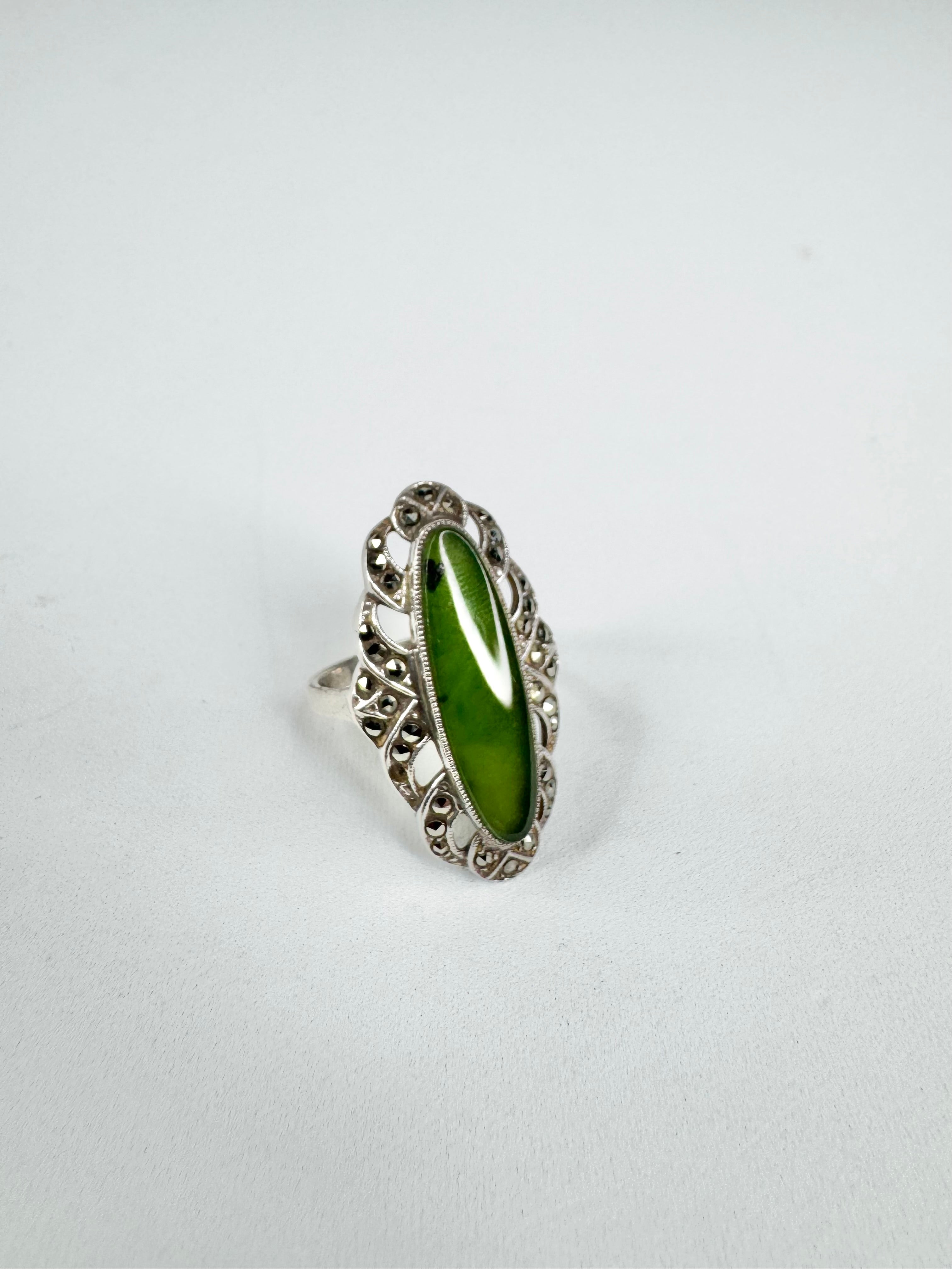Silver Nephrite Jade & Marcasite Art Deco Ring