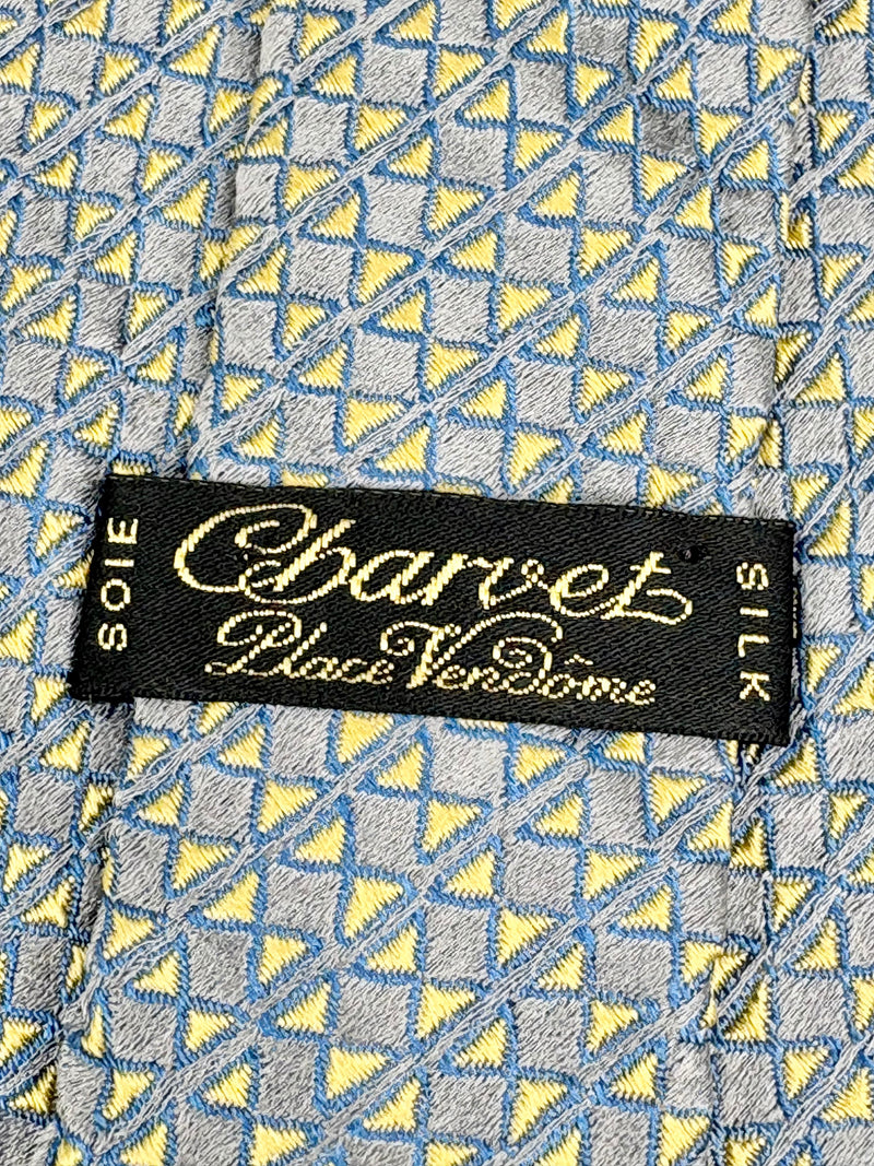 Vintage 90s Charvet Metallic Grey & Yellow Patterned Silk Tie