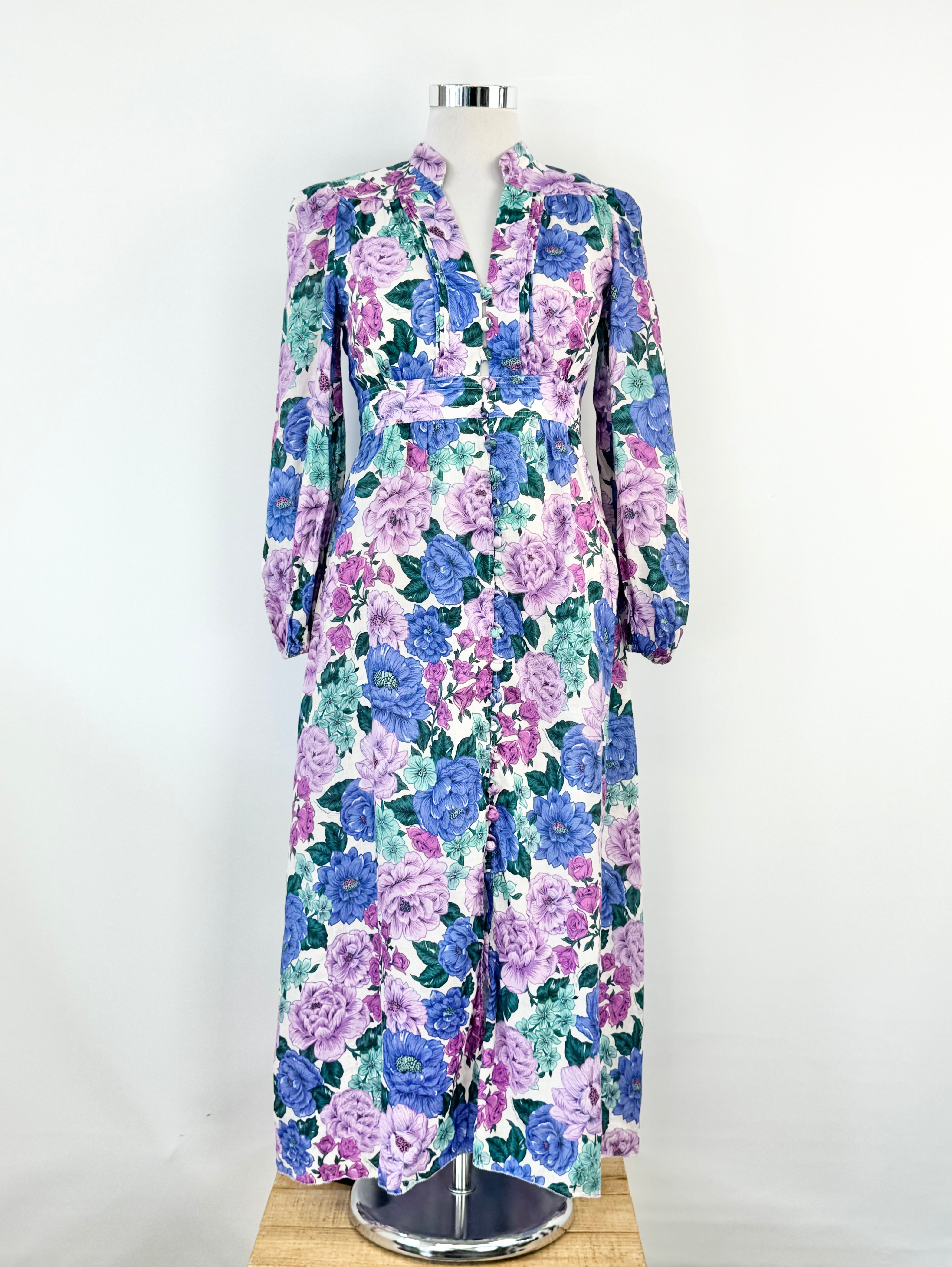 Zimmermann Purple & Blue Peony Pattern Linen Dress - AU12
