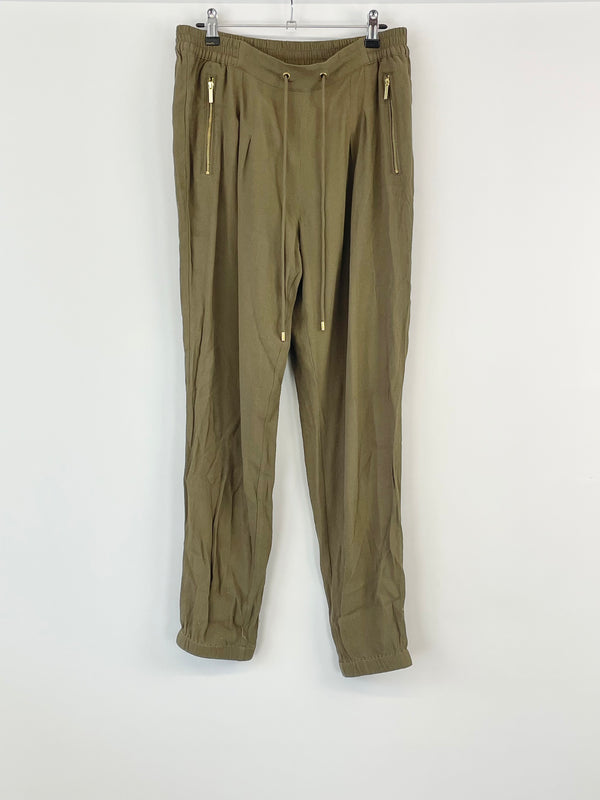 Michael by Michael Kors Olive Green Crepe Track Pants - AU12