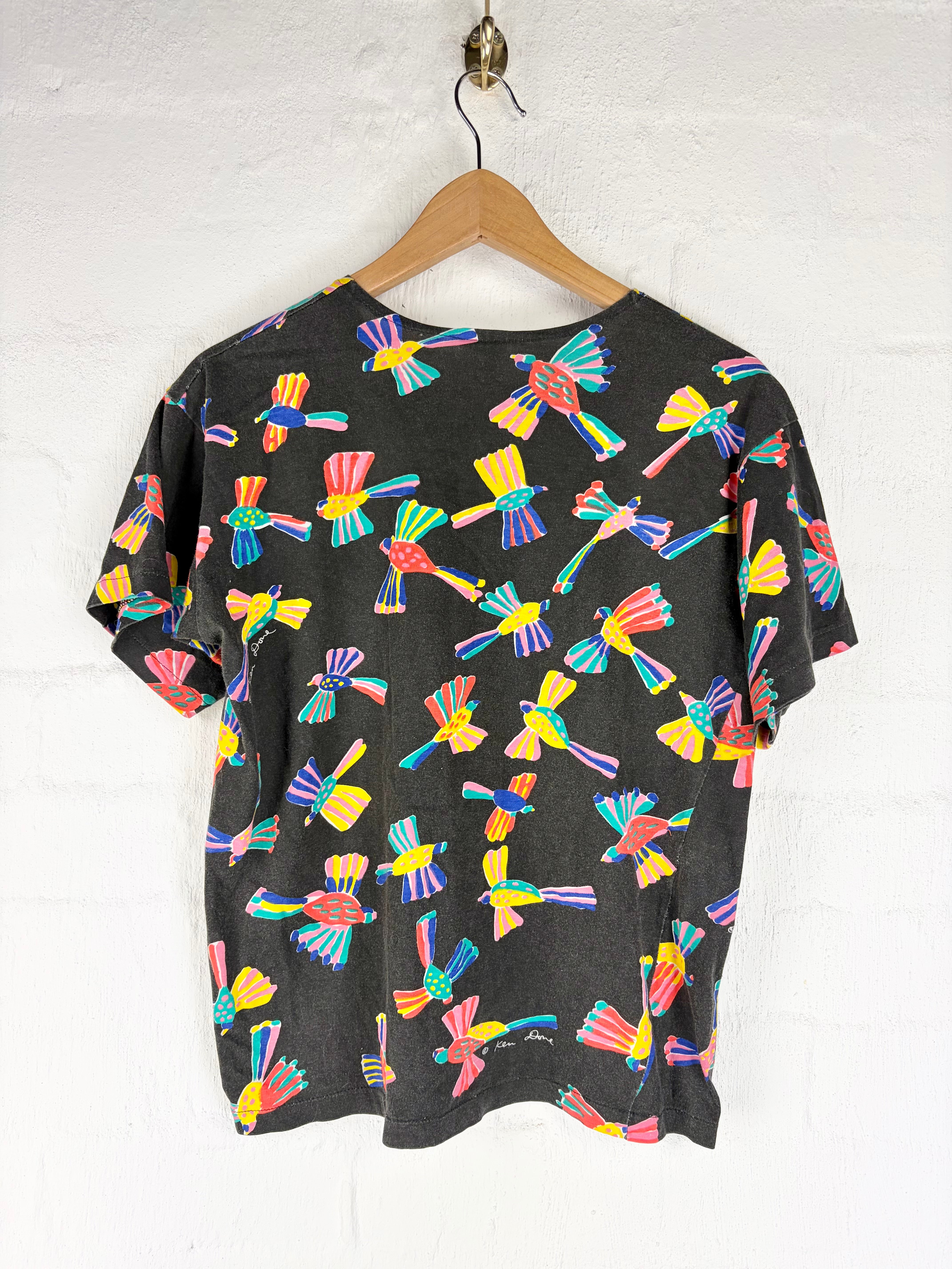 Vintage Ken Done Black Parrot Pattern Cotton T-Shirt - AU10/12