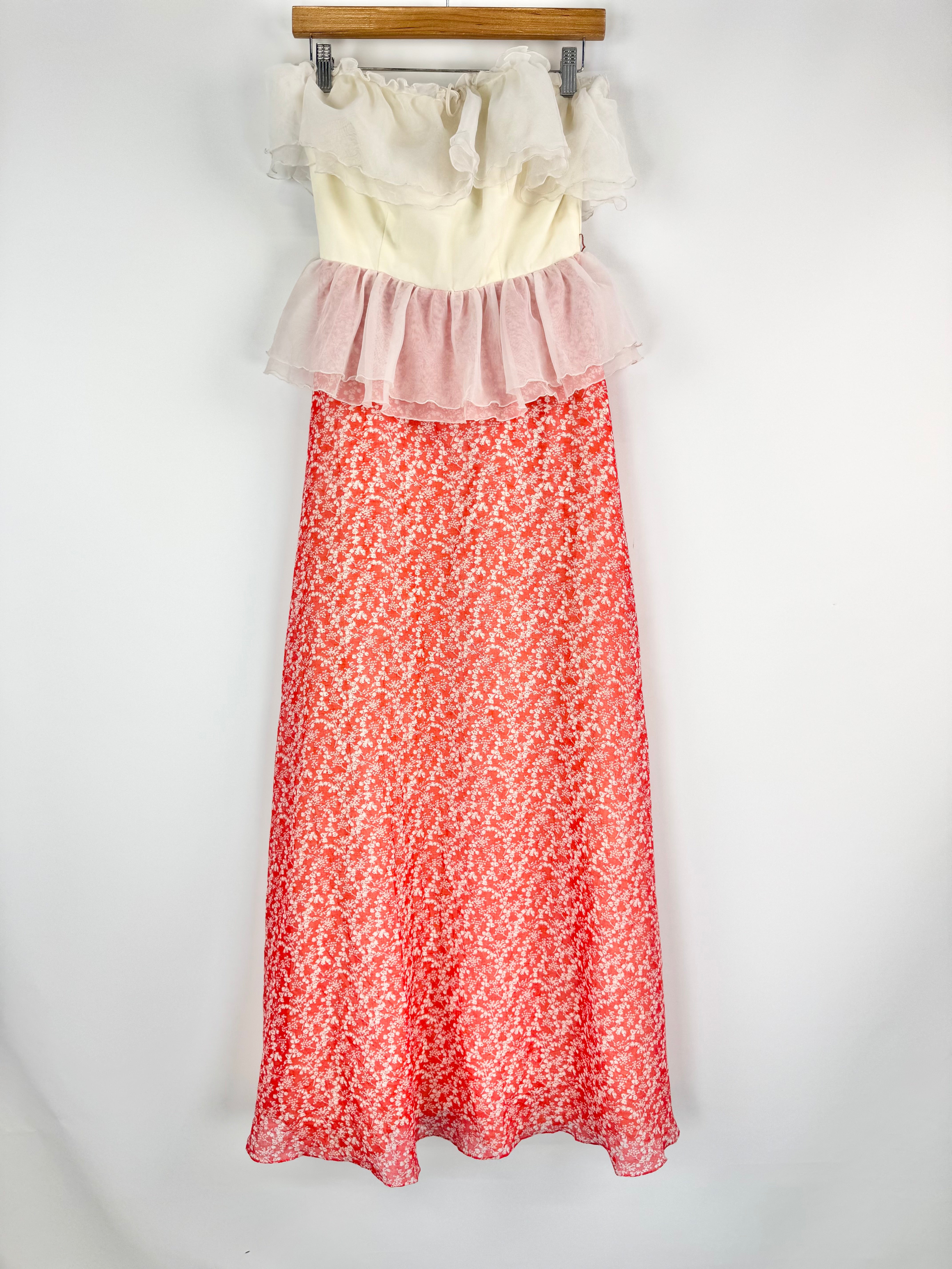 Vintage Strapless Frilled Floral Maxi-Dress - AU6/8