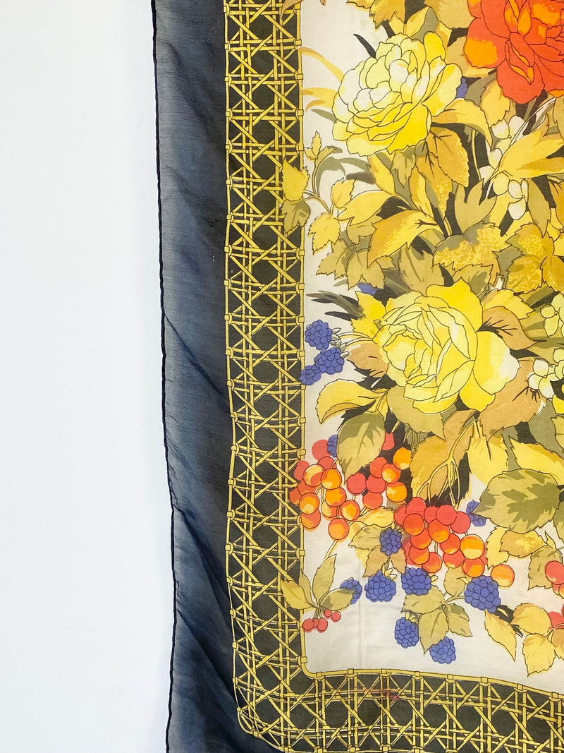 Vintage Armelle de Abblard Black Botanical Print Sheer Silk Scarf