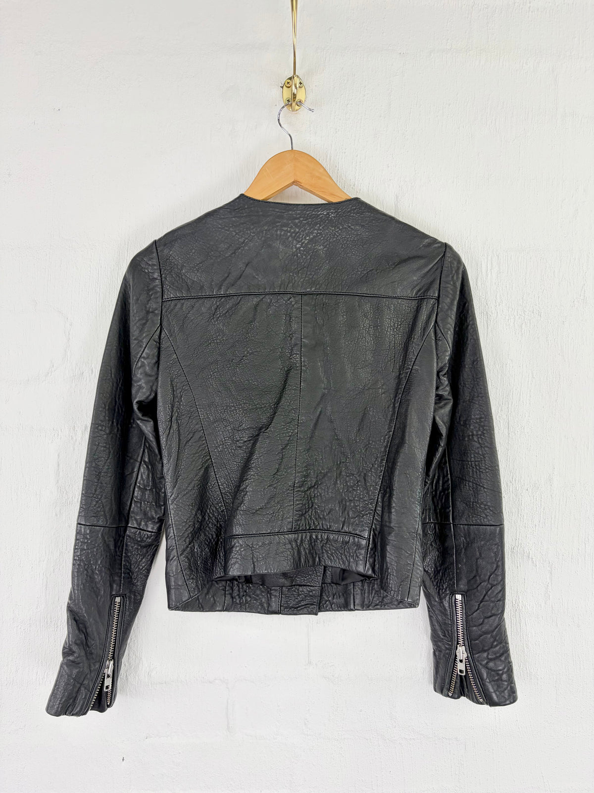 Second Female Black Grained Leather Biker Jacket - AU6