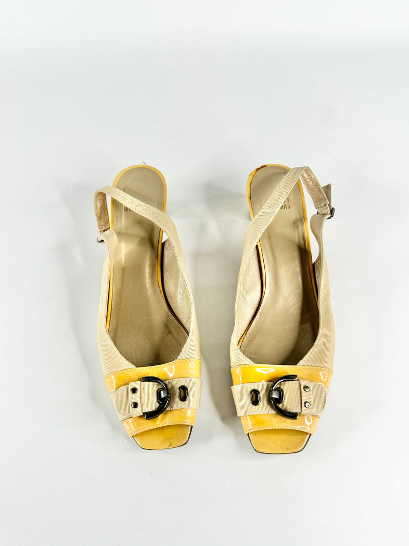 Stuart Weitzman Yellow & Cream Peep Toe Heels - EU41