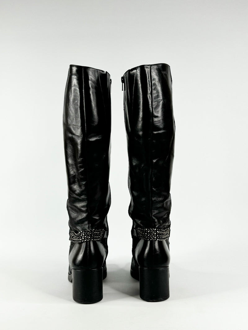 Wonders Black Chain Embellished Calf Boots - EU40