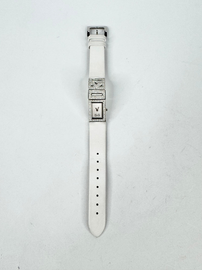 D&G White Leather 'DG' Crystal Embellished Watch