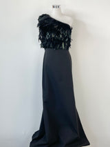 Karen Gee Black Feather Embellished Off-Shoulder Gown - AU10/12