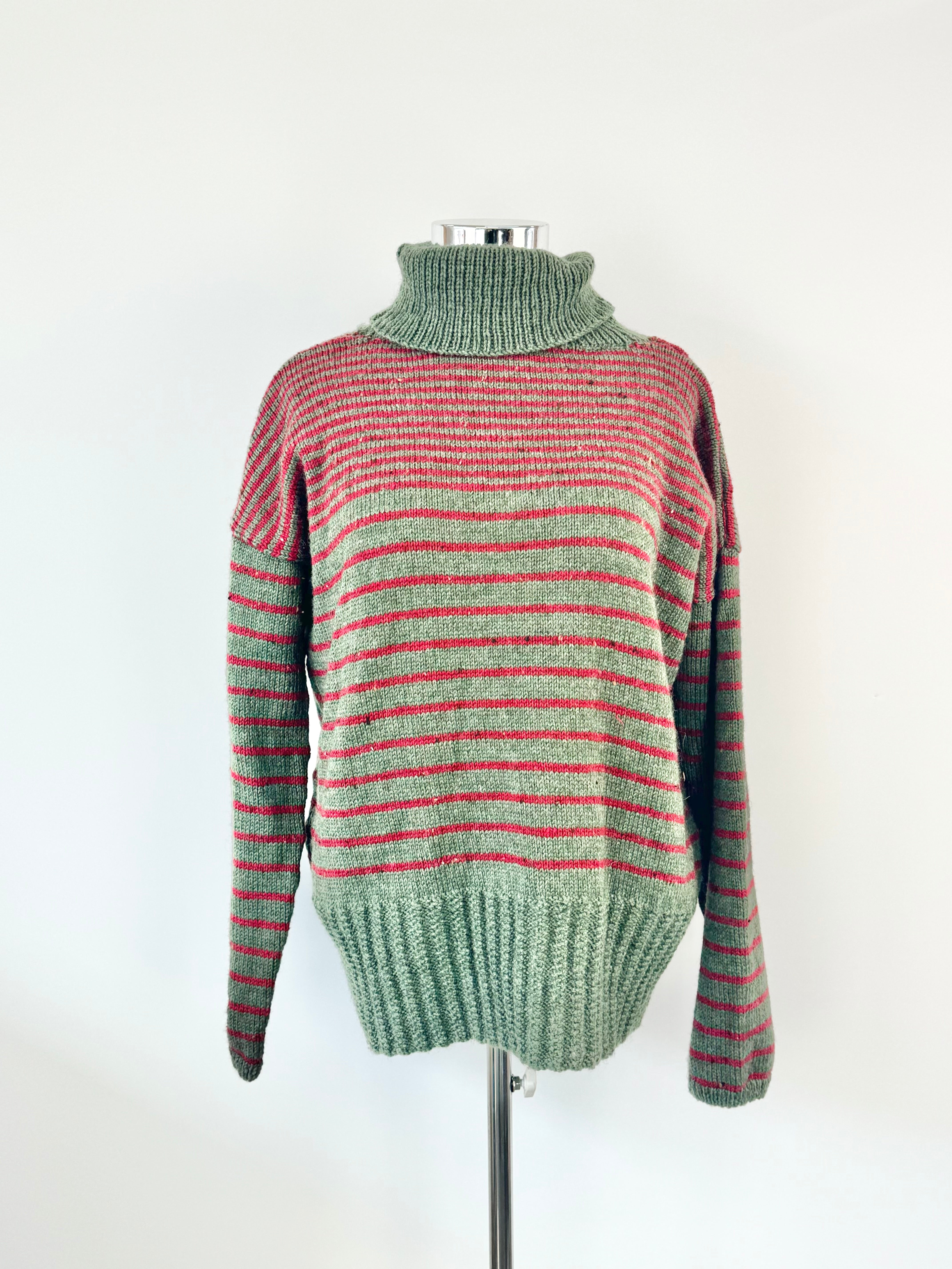 Hand Knit Olive Green & Red Strip Relax Fit Jumper - AU10/12/14