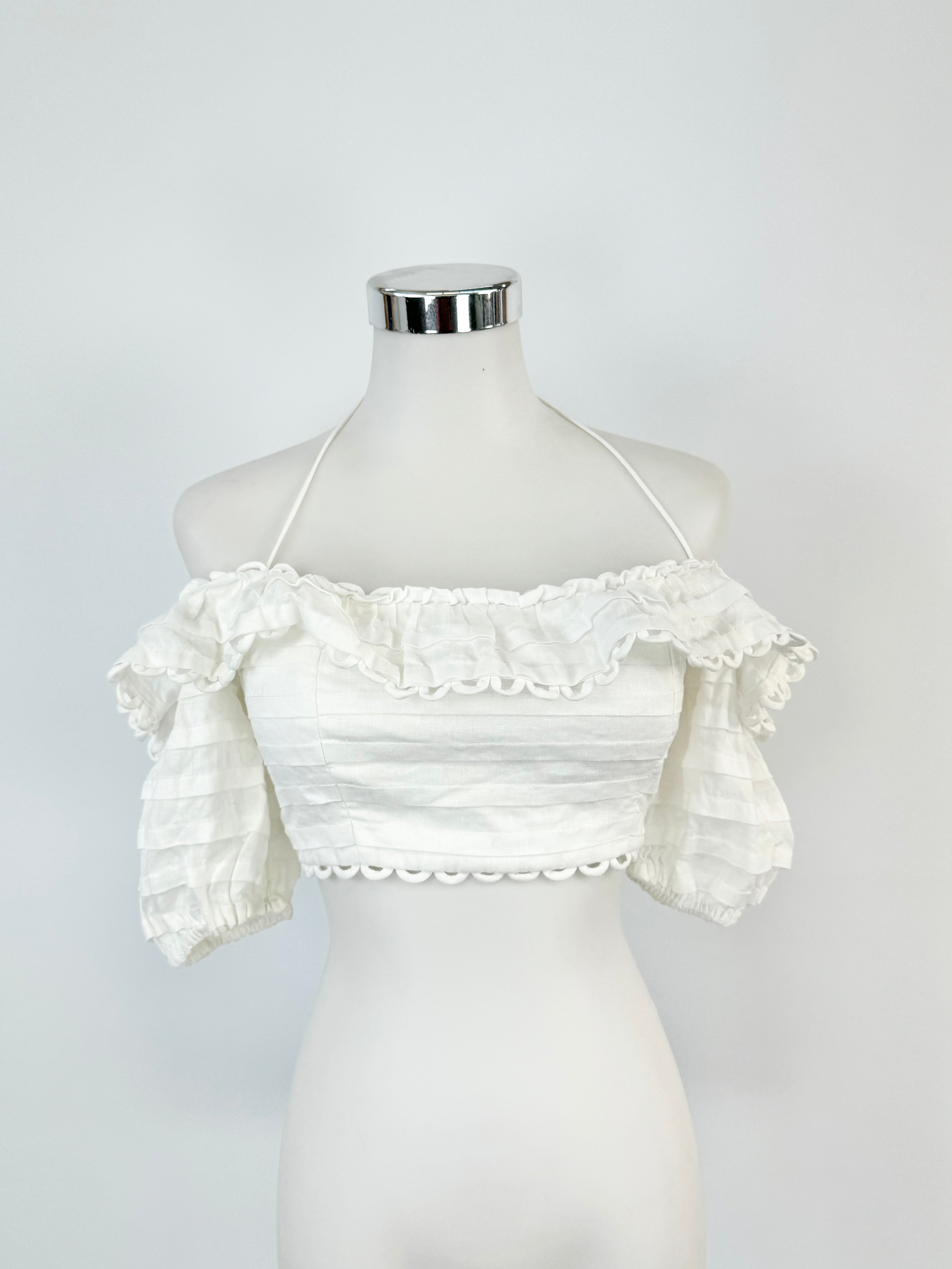 Zimmermann White Linen Puff Sleeve Crop Top - AU6/8