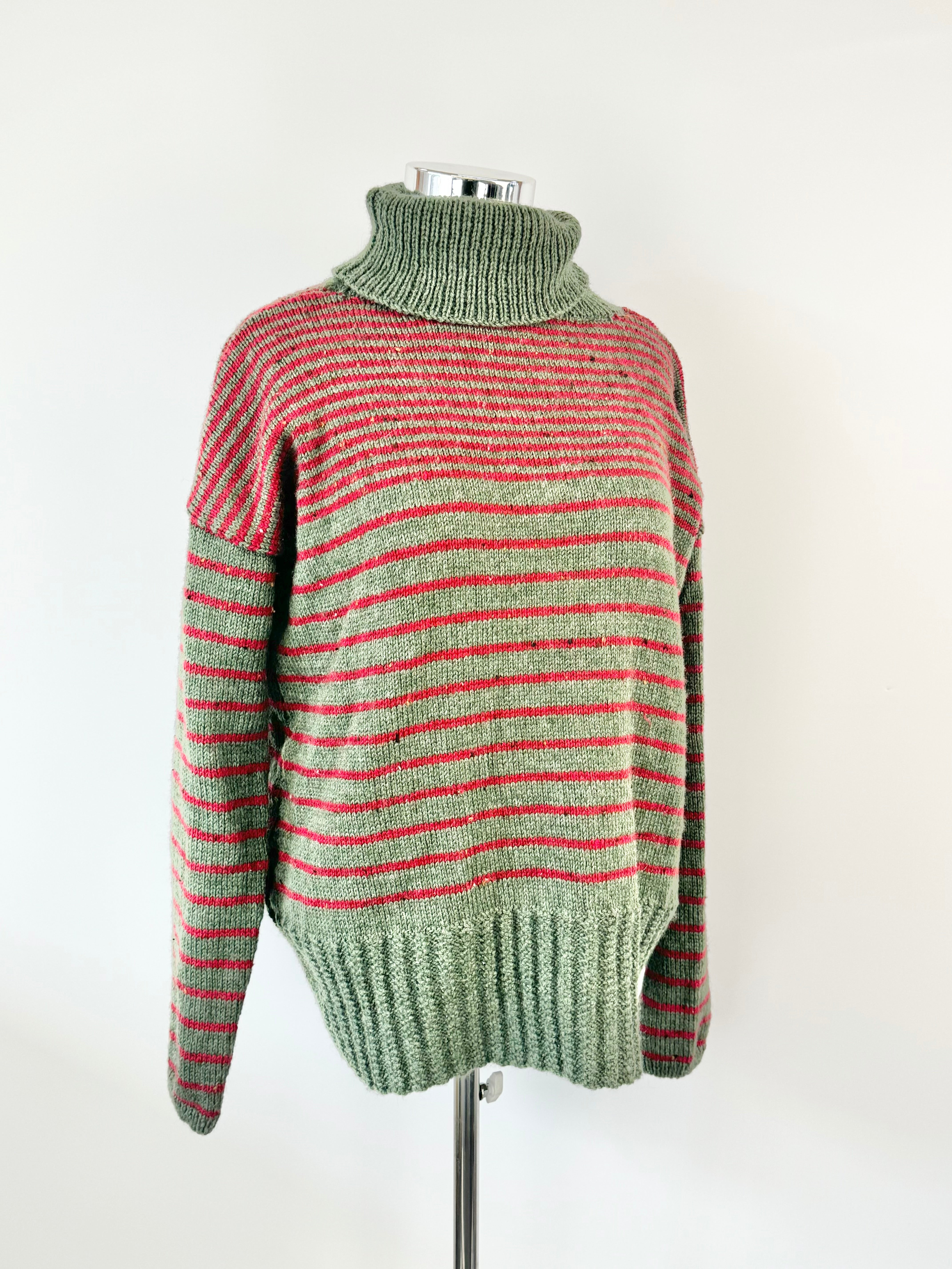 Hand Knit Olive Green & Red Strip Relax Fit Jumper - AU10/12/14