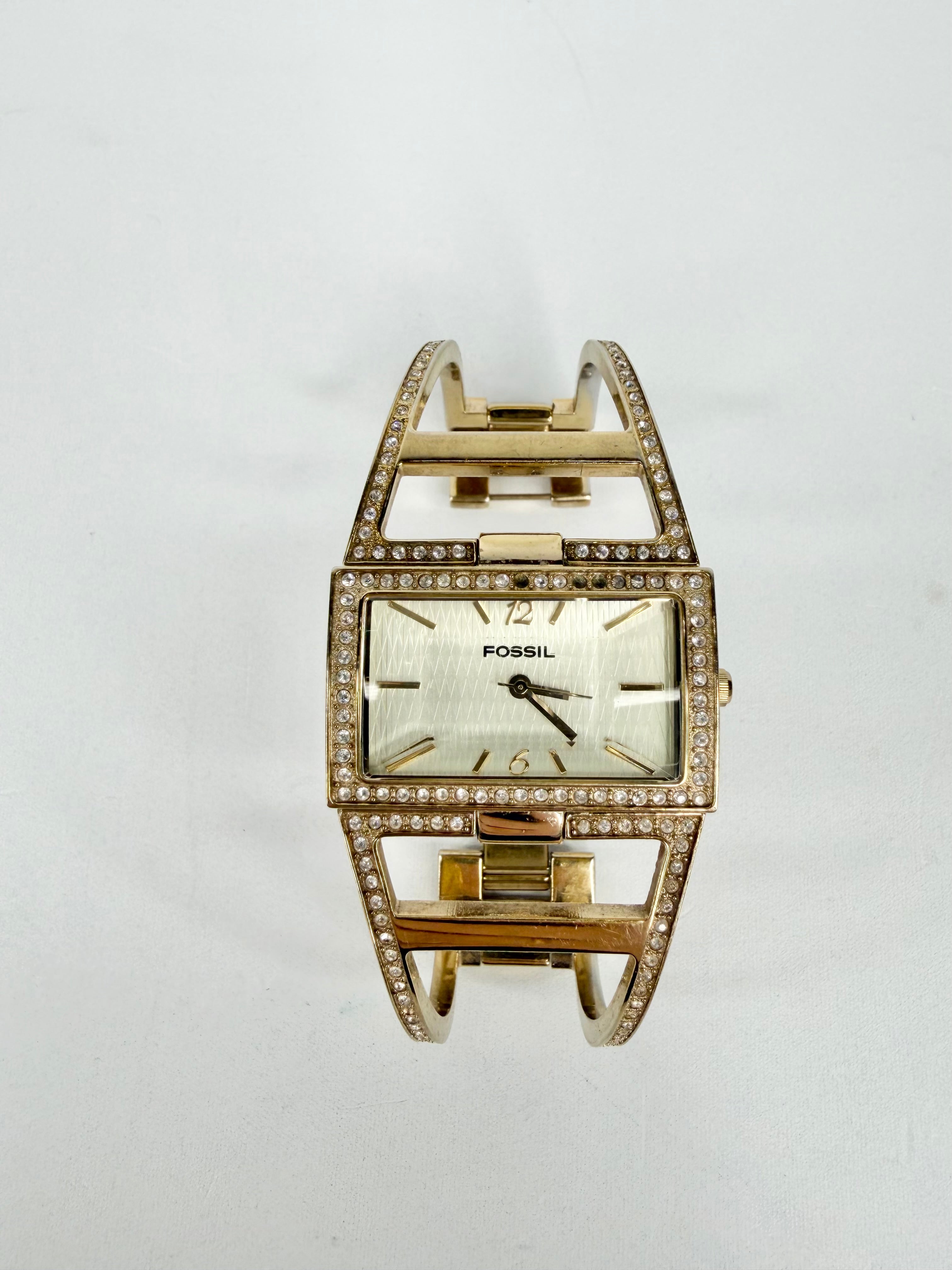 Y2K Fossil F2 Gold Toned Crystal Embellished Bangle Watch