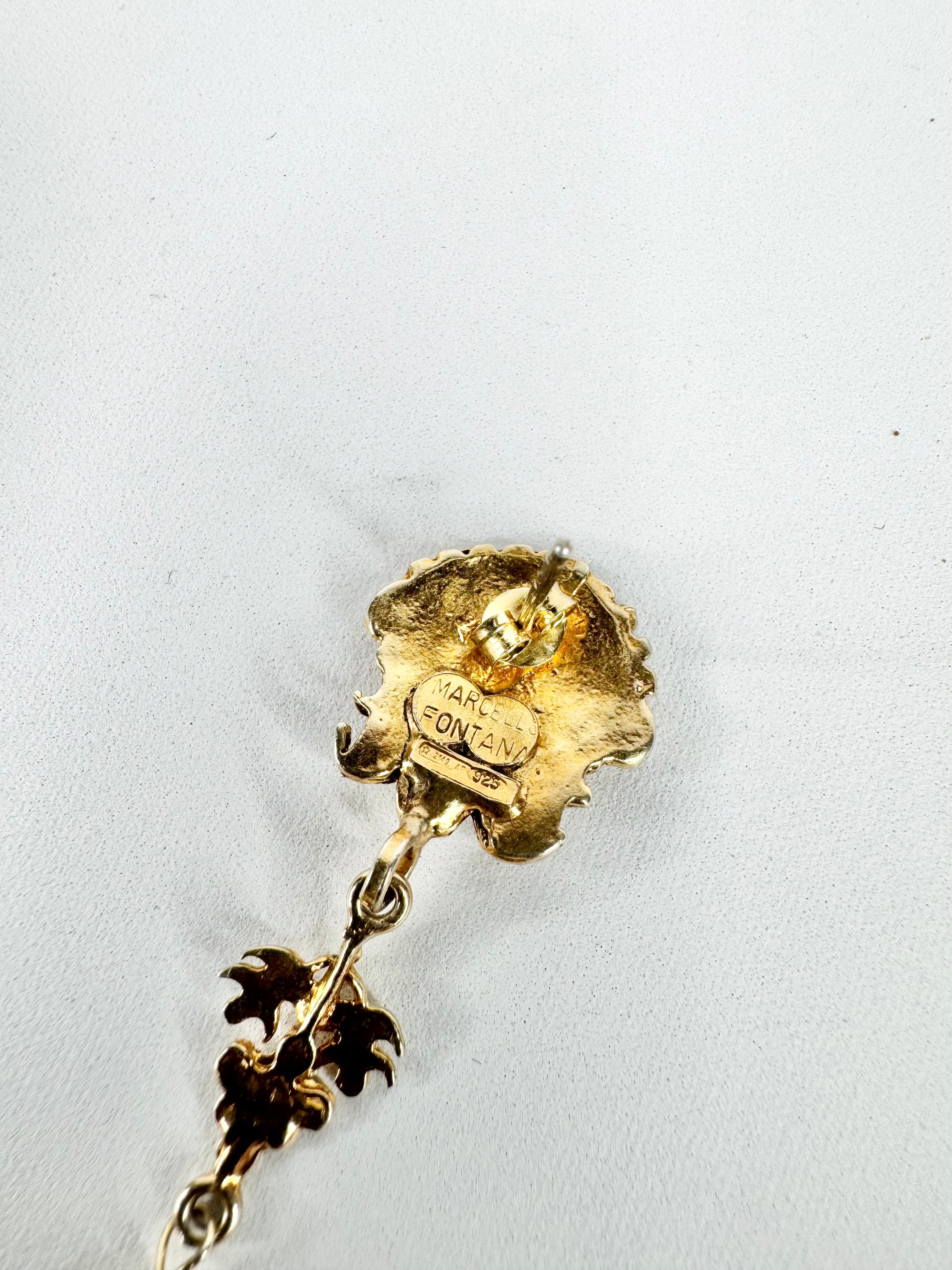 Vintage Marcello Fontana Gold Toned Green Man Drop Earrings