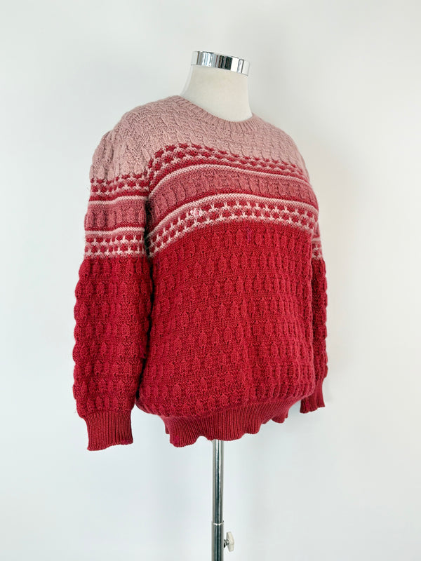 Hand-Made Cherry & Pastel Pink Wool Knit Sweater - AU12