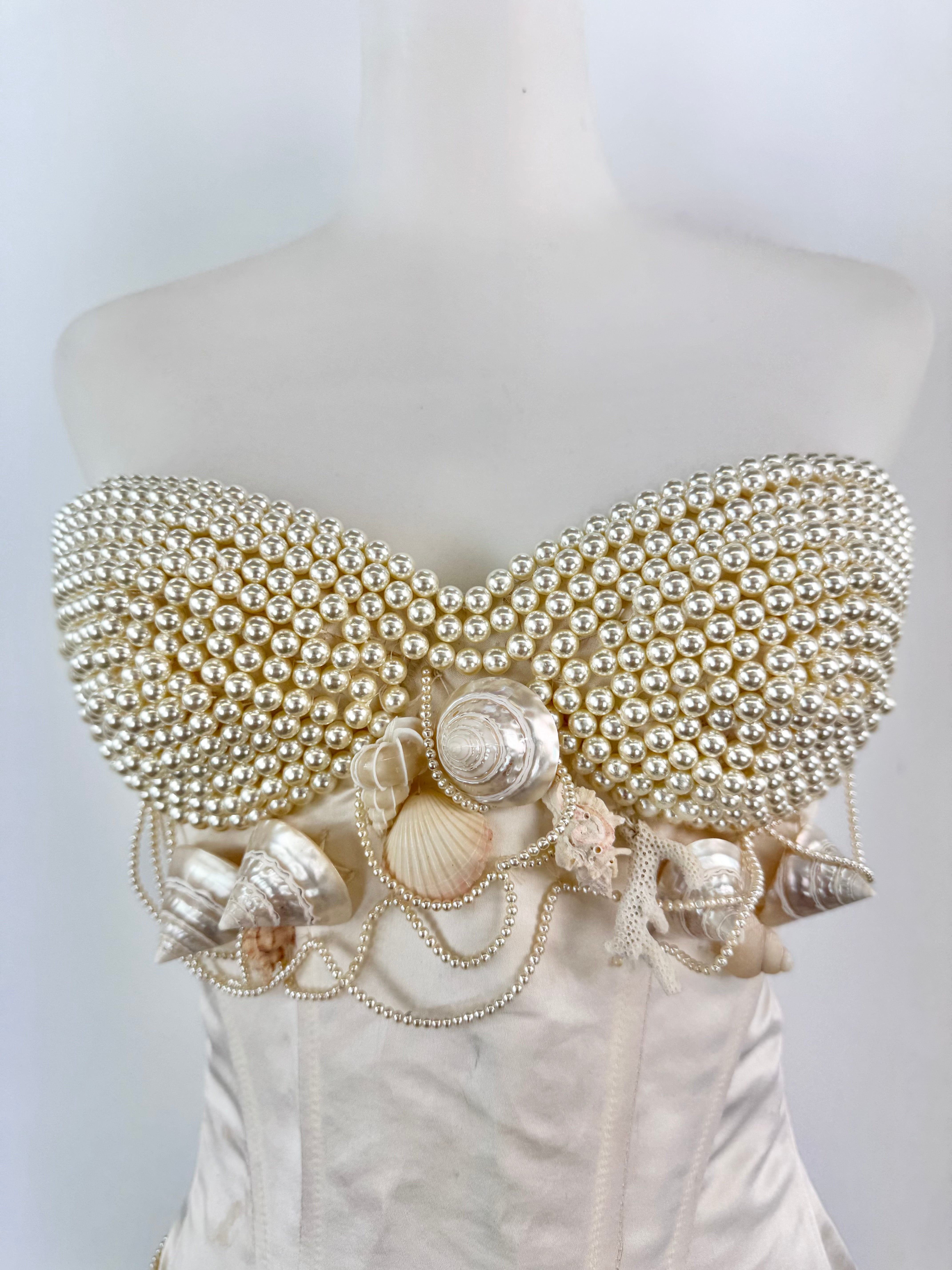 Cream Satin Hand Embellished Pearl & Shell Corset - AU8/10