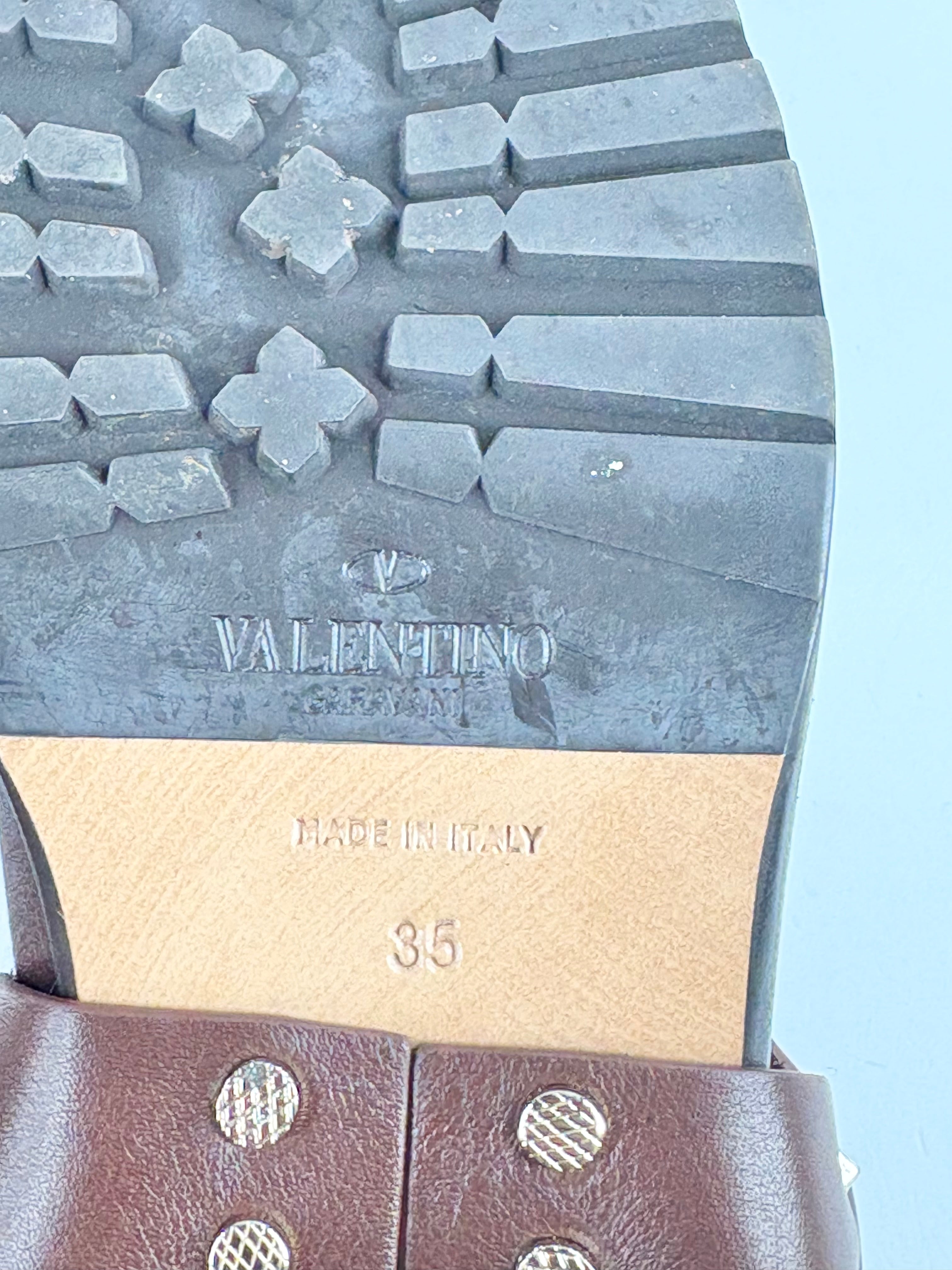 Valentino Garavani Brown Leather Quilted-Rockstud Biker Boots - EU35