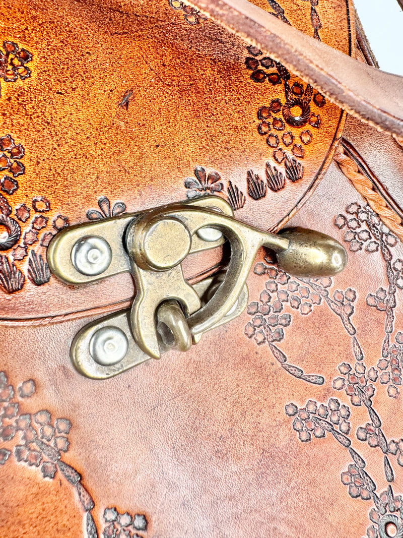 Hand Made Tan Cherry Blossom Stamped Leather Cross Body Bag