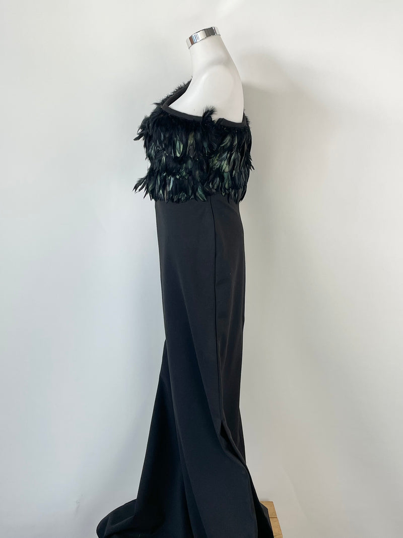 Karen Gee Black Feather Embellished Off-Shoulder Gown - AU10/12