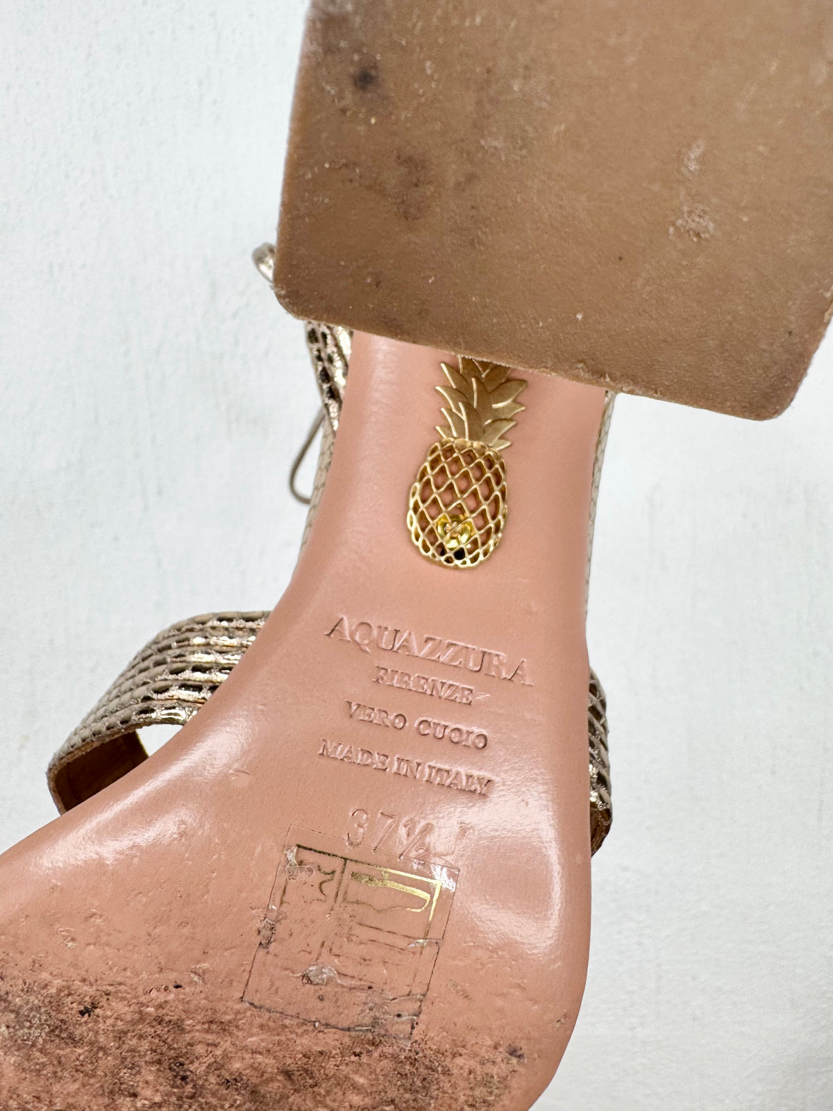 Aquazzura Rose Gold 'Ari' Metallic Leather Snakeskin Embossed Wrap Heels - EU37.5