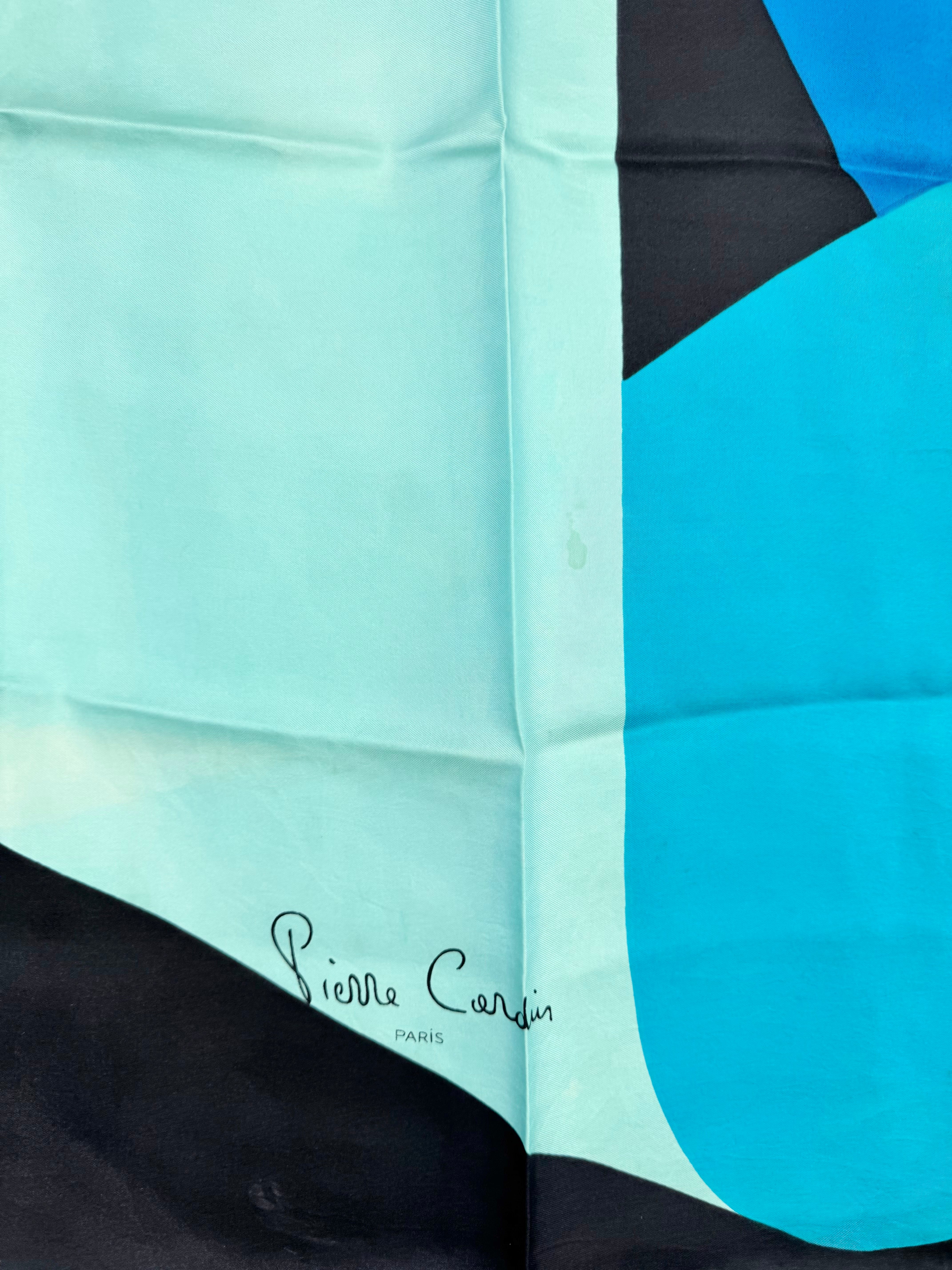 Vintage Pierre Cardin Blue Abstract Pattern Hand-Rolled Silk Scarf