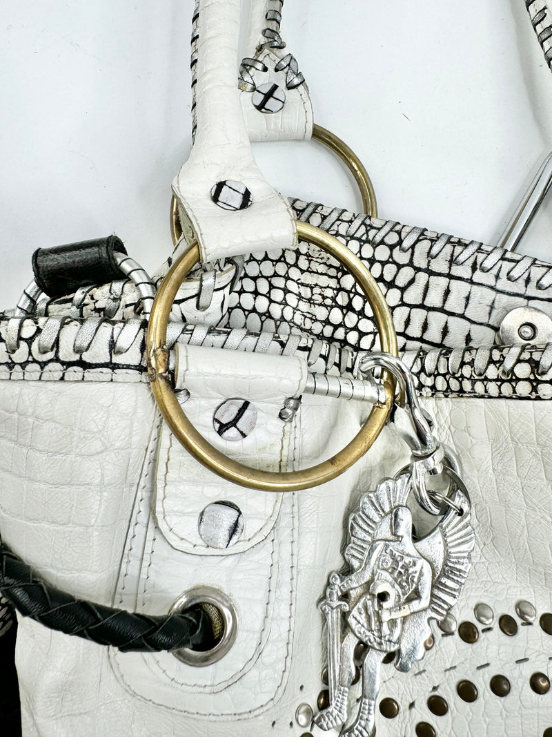 Sabbatha White Croc Embossed Studded Shoulder Bag