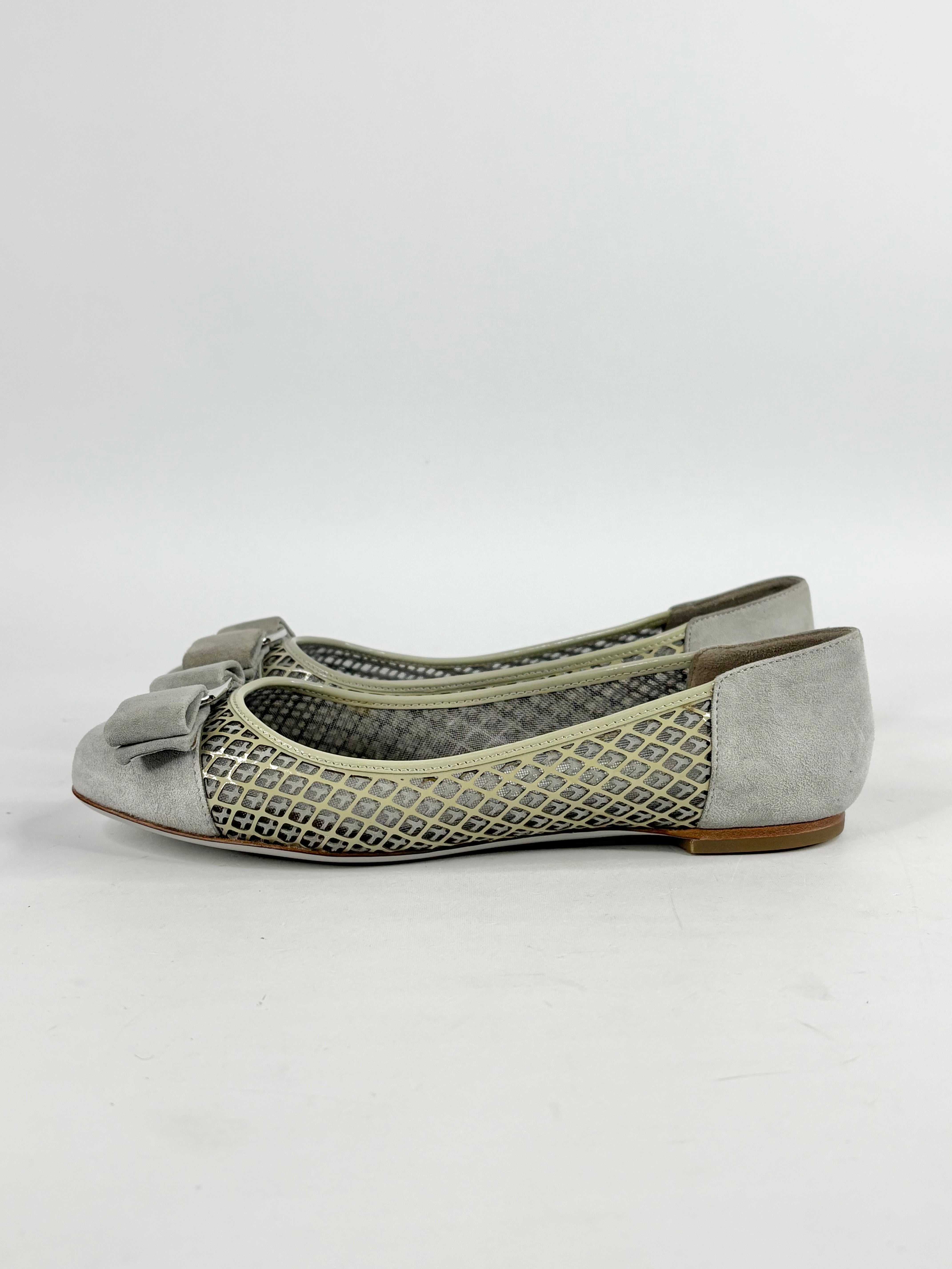 Salvatore Ferragamo Grey Mesh & Suede Bow Flats - EU35