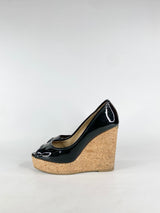 Jimmy Choo Black Patent Leather 'Papina' Peep Toe Wedges - EU39.5