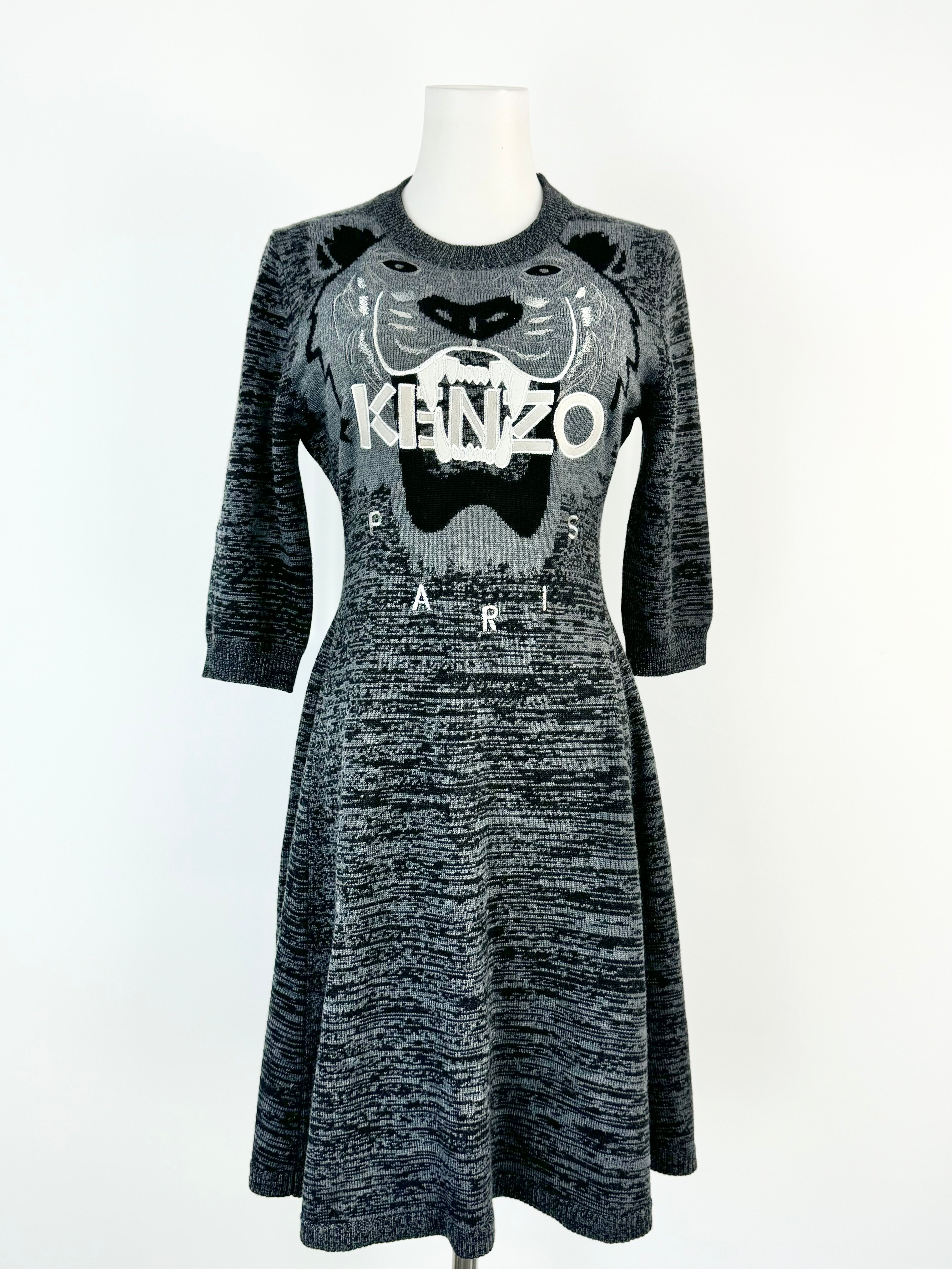 Kenzo Grey & Black Tiger Pattern Knitted Dress - AU10
