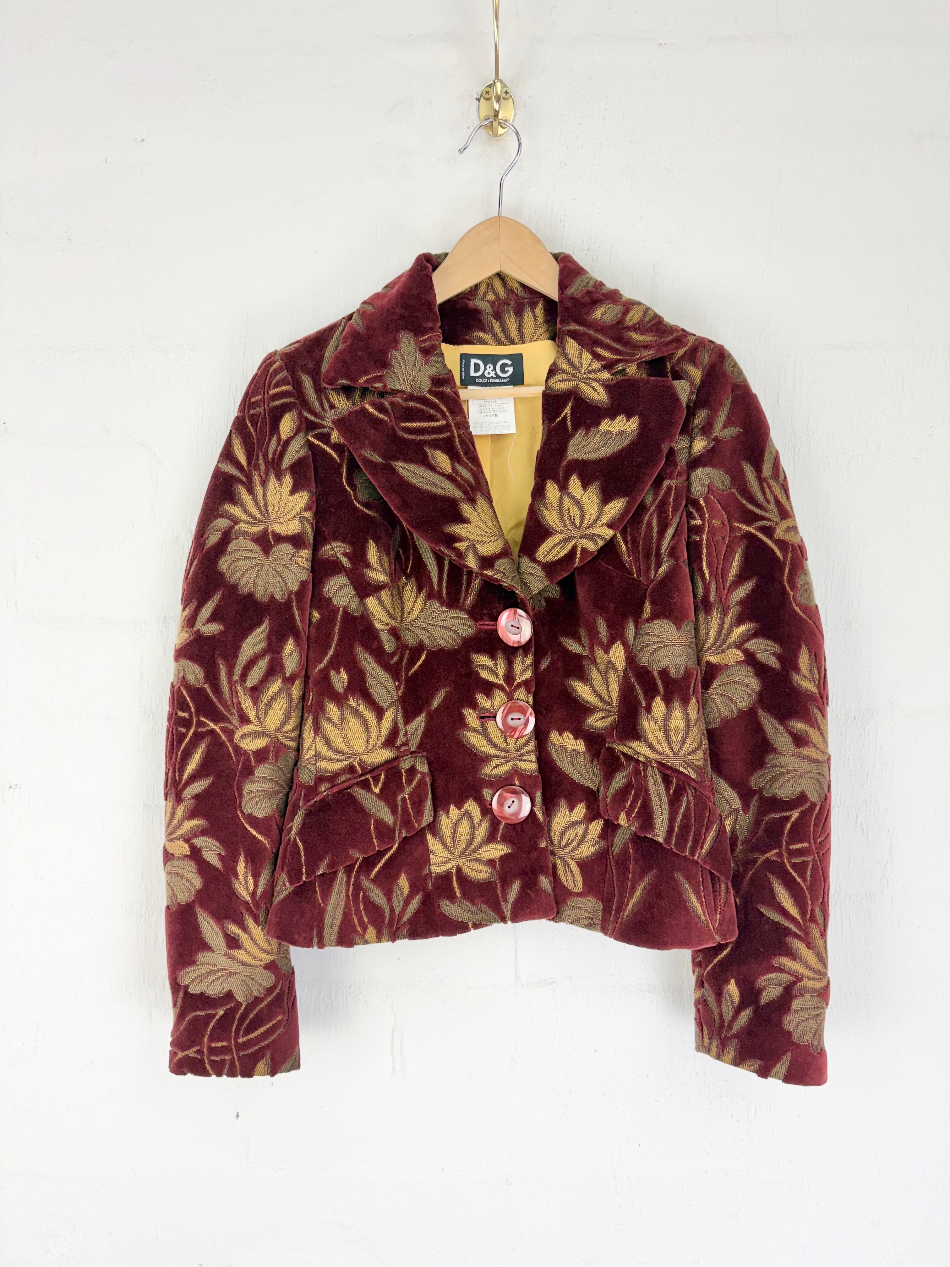 Vintage 90s D&G Dolce & Gabbana Burgundy & Gold Burnout Velvet Blazer - AU8/10