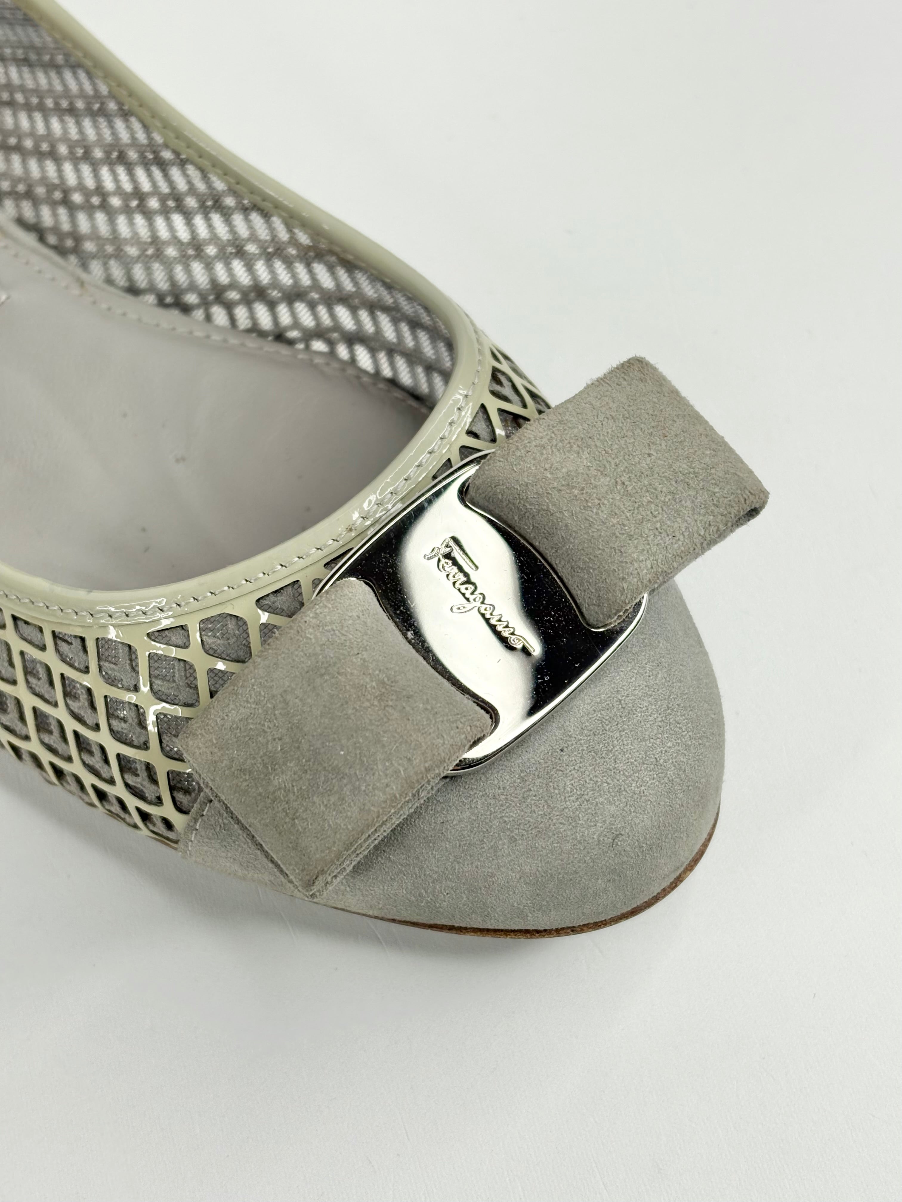Salvatore Ferragamo Grey Mesh & Suede Bow Flats - EU35