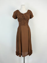 Vintage Chocolate Brown Ruffled Midi Short Sleeve Dress - AU8