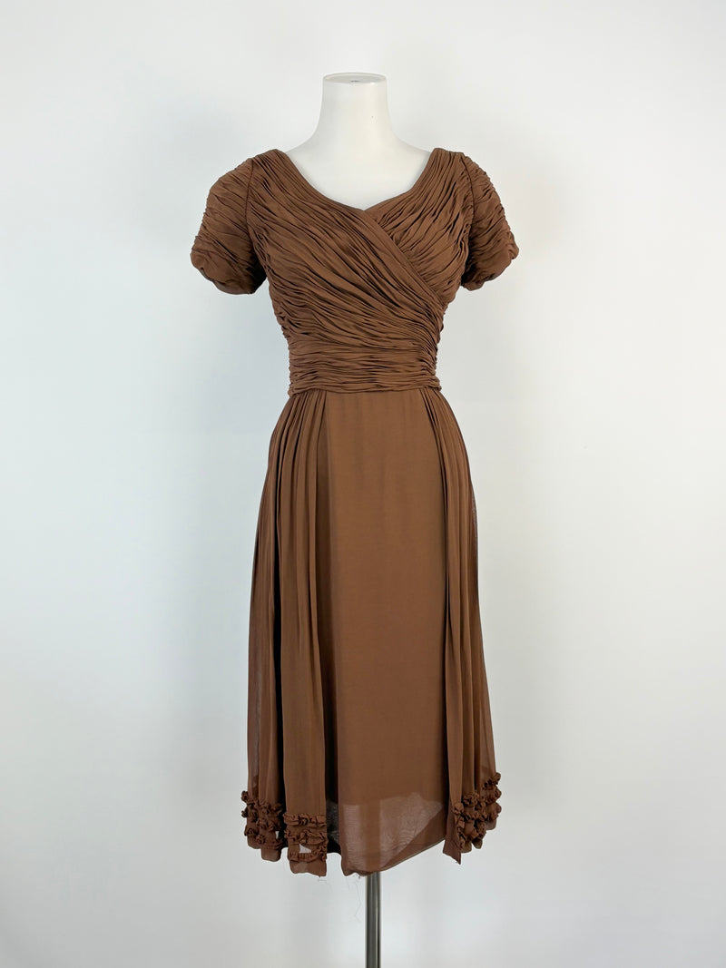 Vintage Chocolate Brown Ruffled Midi Short Sleeve Dress - AU8