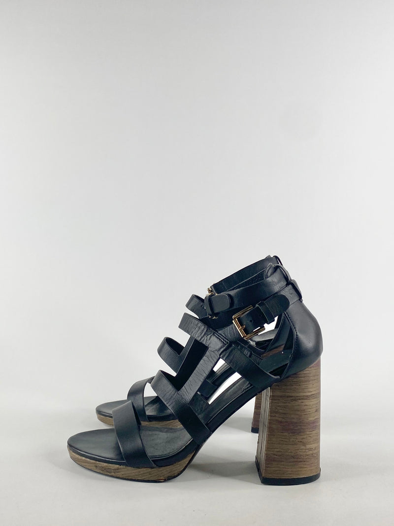 Husk Black Strap Block Heels - EU39