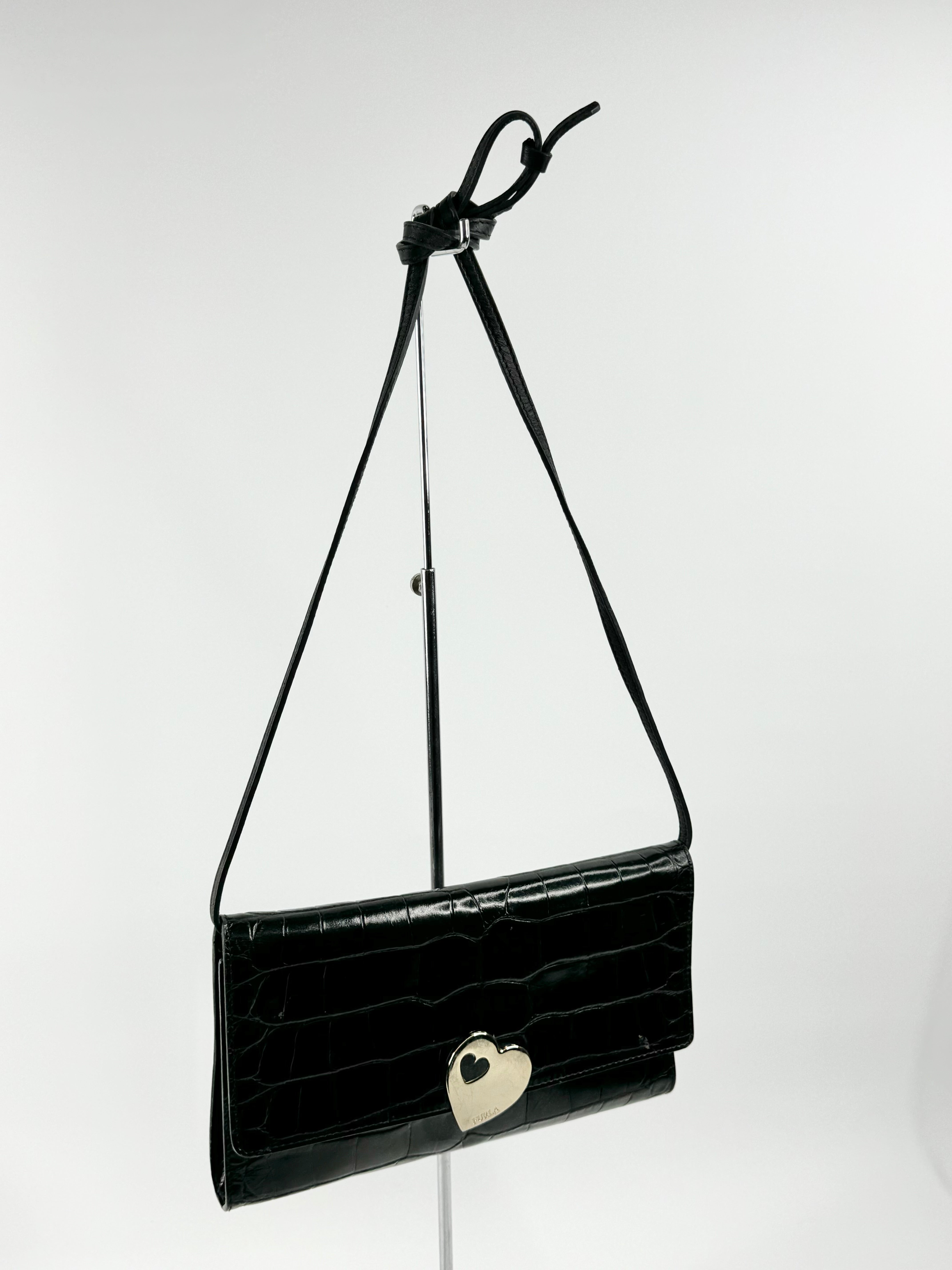 Furla Black Croc Textured Cross Body Bag