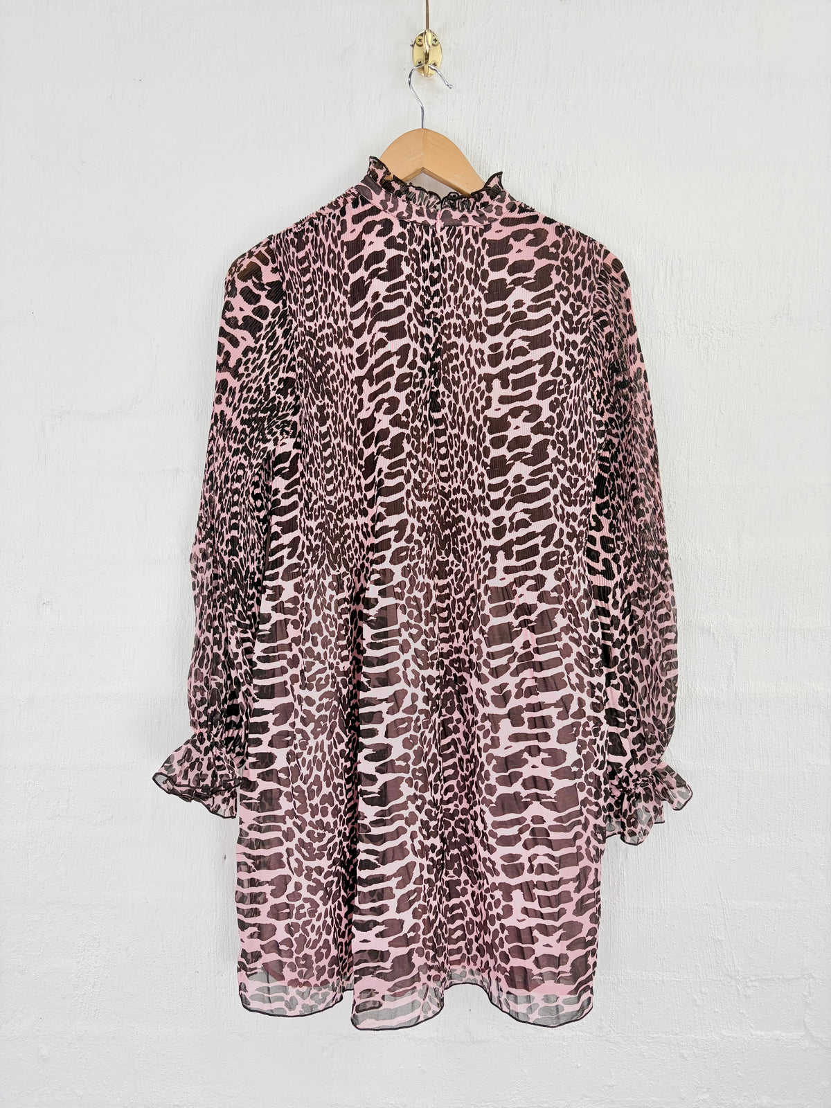 Ganni Pink & Brown Leopard Print Pattern Pleated Georgette Mini Dress - AU10
