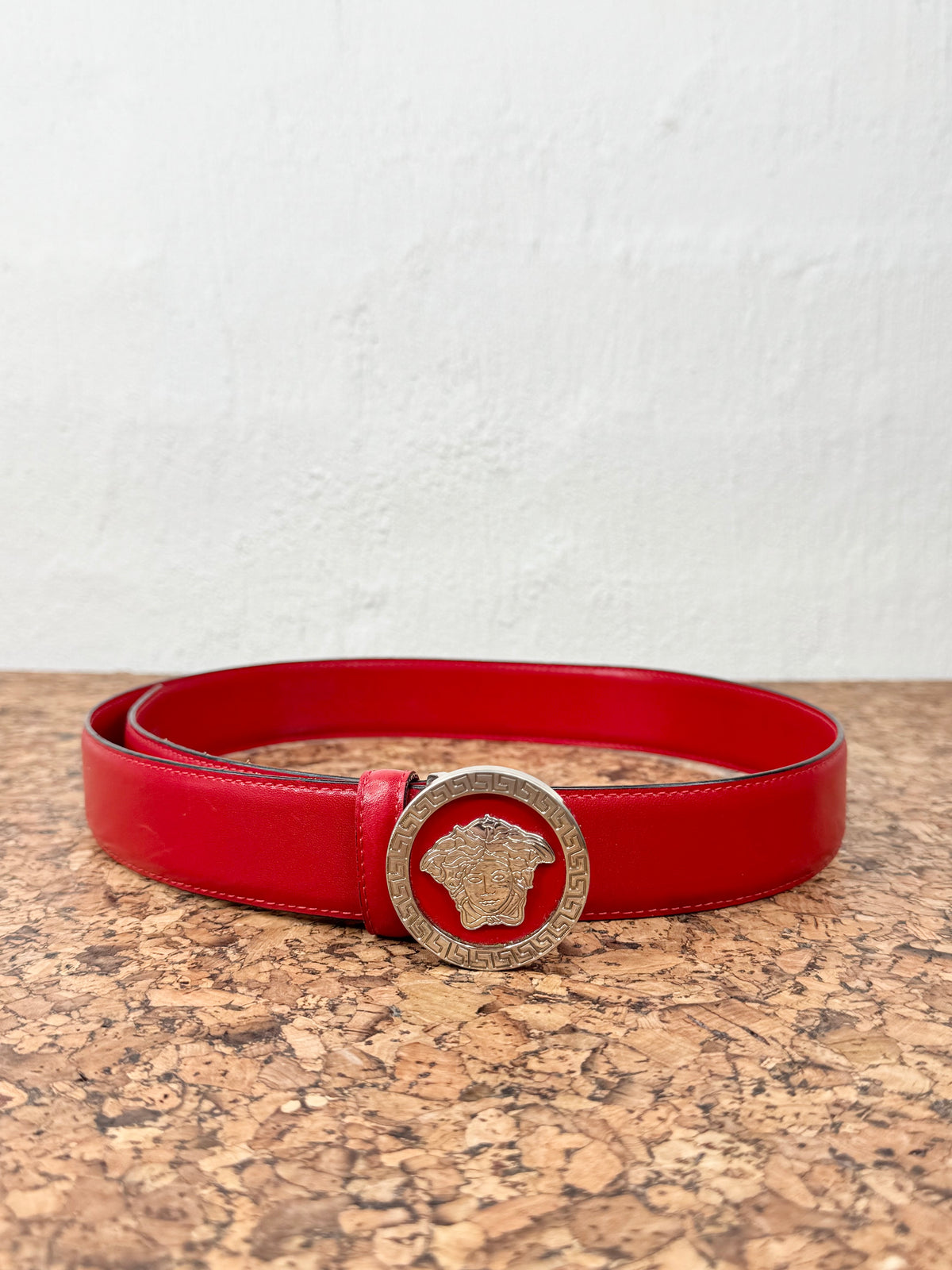 Vintage Versace Medusa & Greek Key Cherry Red Leather Belt