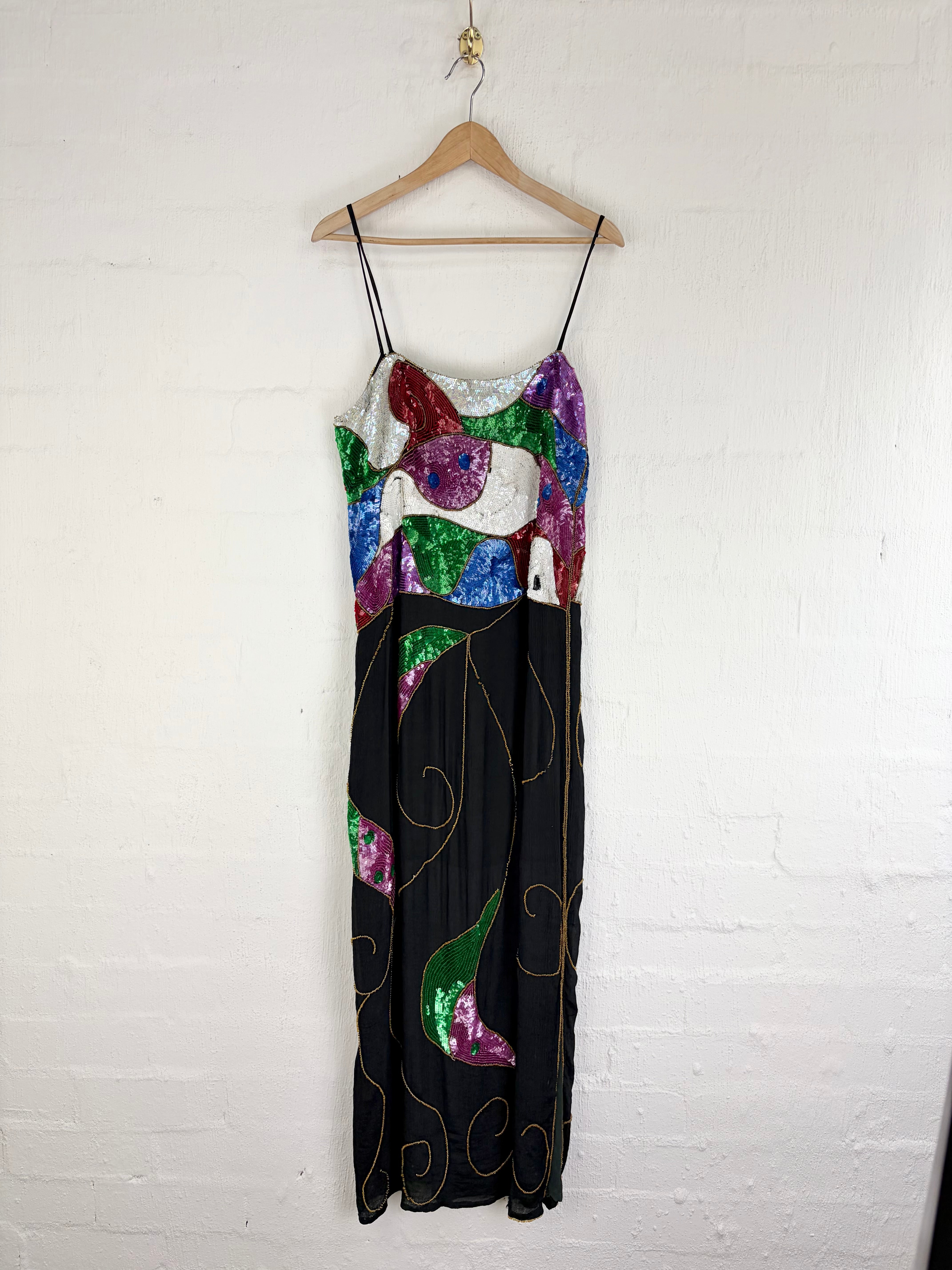 Vintage Hand-made Abstract Patterned Jewl Toned Sequin Gown - AU10/12